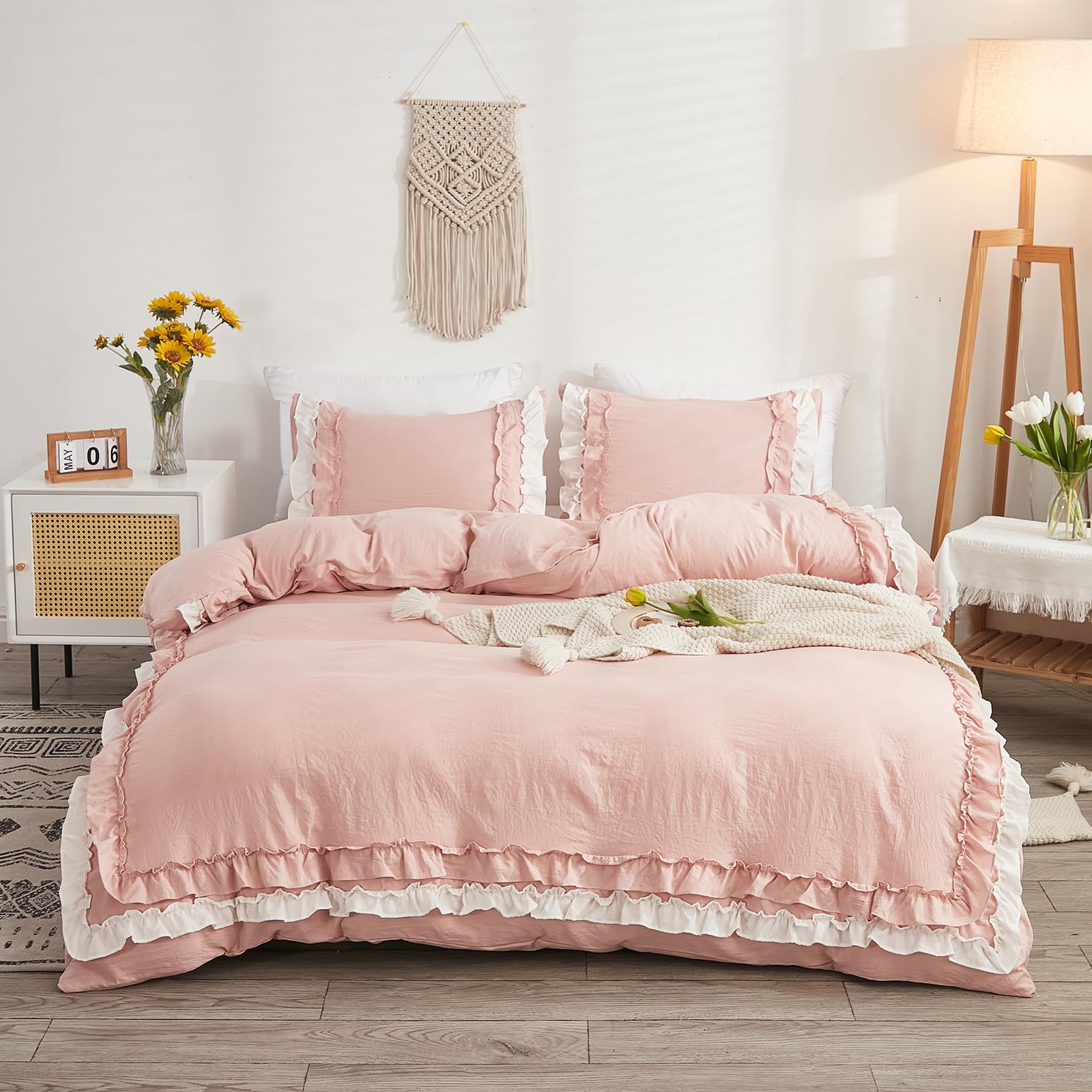 Set di biancheria da letto Herside, con copripiumino a ruche rosa e bianco, design a strati a ruche, stile boho per ragazze, 1 copripiumino e 2 federe (Bianco-rosa, matrimoniale)