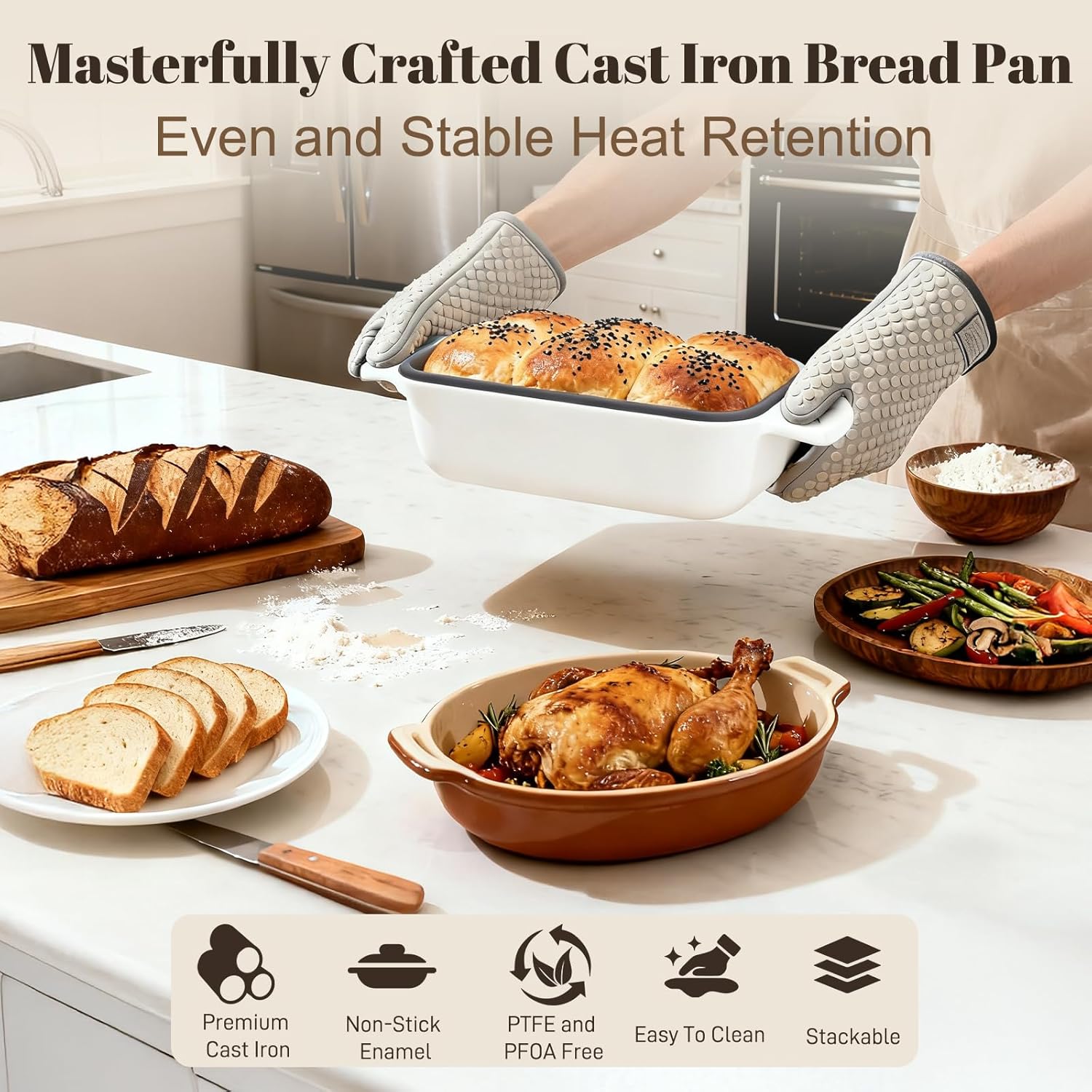 Enameled Cast Iron Sourdough Bread Dutch Oven, Cast Iron Loaf Bread Pan for Homemade Bread Baking, 2PCS 9 x 5Inch Meatloaf Pan with Lid, Oven Safe, Cream