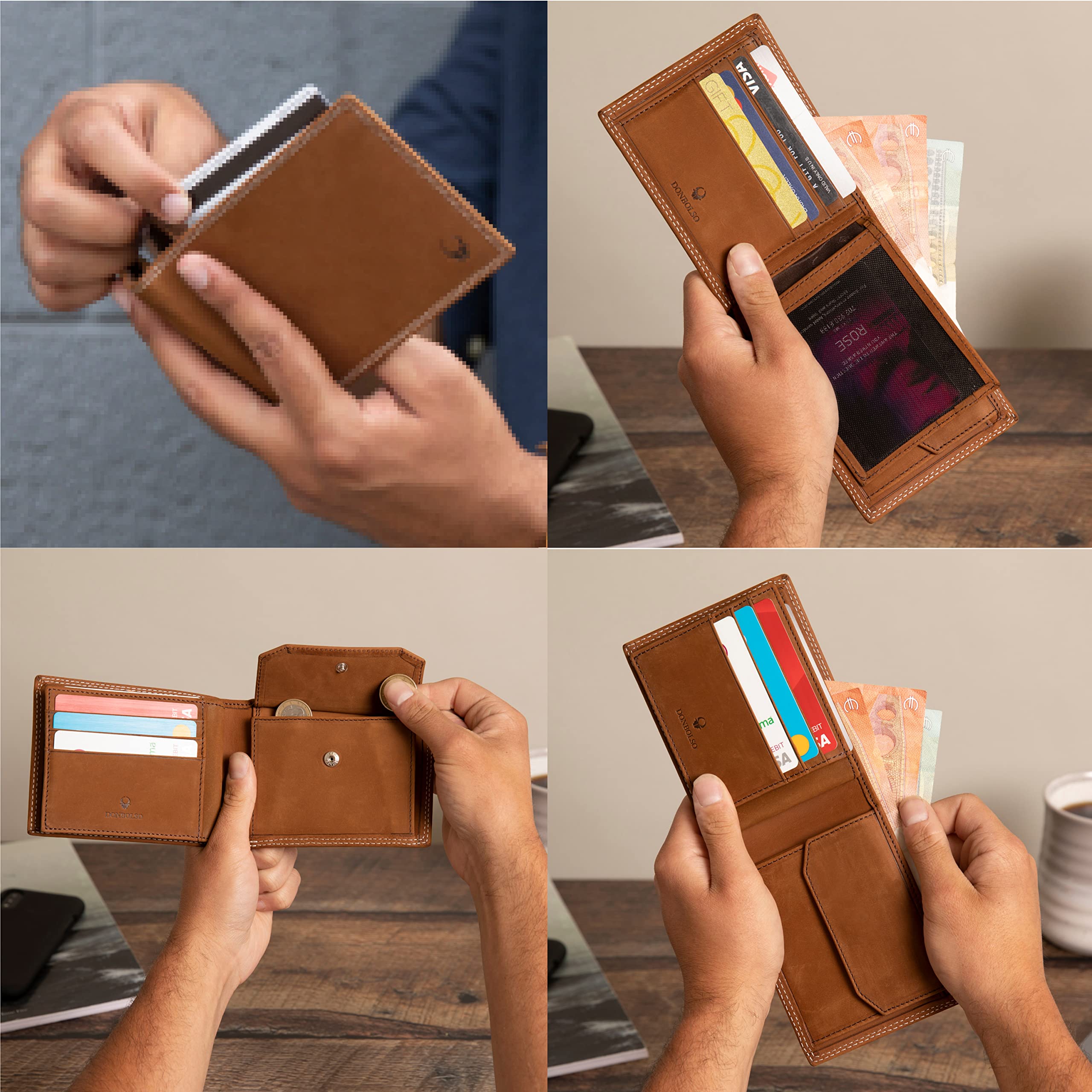 DONBOLSO Portafoglio Zurigo | Portafoglio Uomo con Portamonete | Grande Portafoglio Uomo Pelle | Portafoglio Uomo con Protezione RFID | Contrasto Marrone