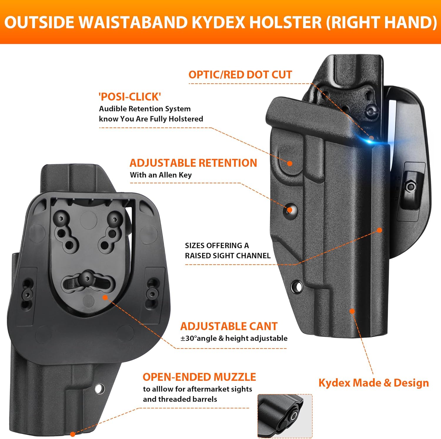 1911 Holster,Fits Most 1911 Models 5" No Rail,OWB Kydex Holster for Colt/Sig Sauer/Elite Force/Kimber/Rock Island Armory/Springfield/S&W/Ruger/GSG etc 1911 Pistol,Optics Ready,Adj.Cant & Retention