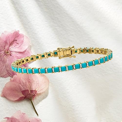 Miniatura 3 de Ross-Simons Turquoise and .43 ct. t.w. Diamond Tennis Bracelet in 18kt Gold Over Sterling