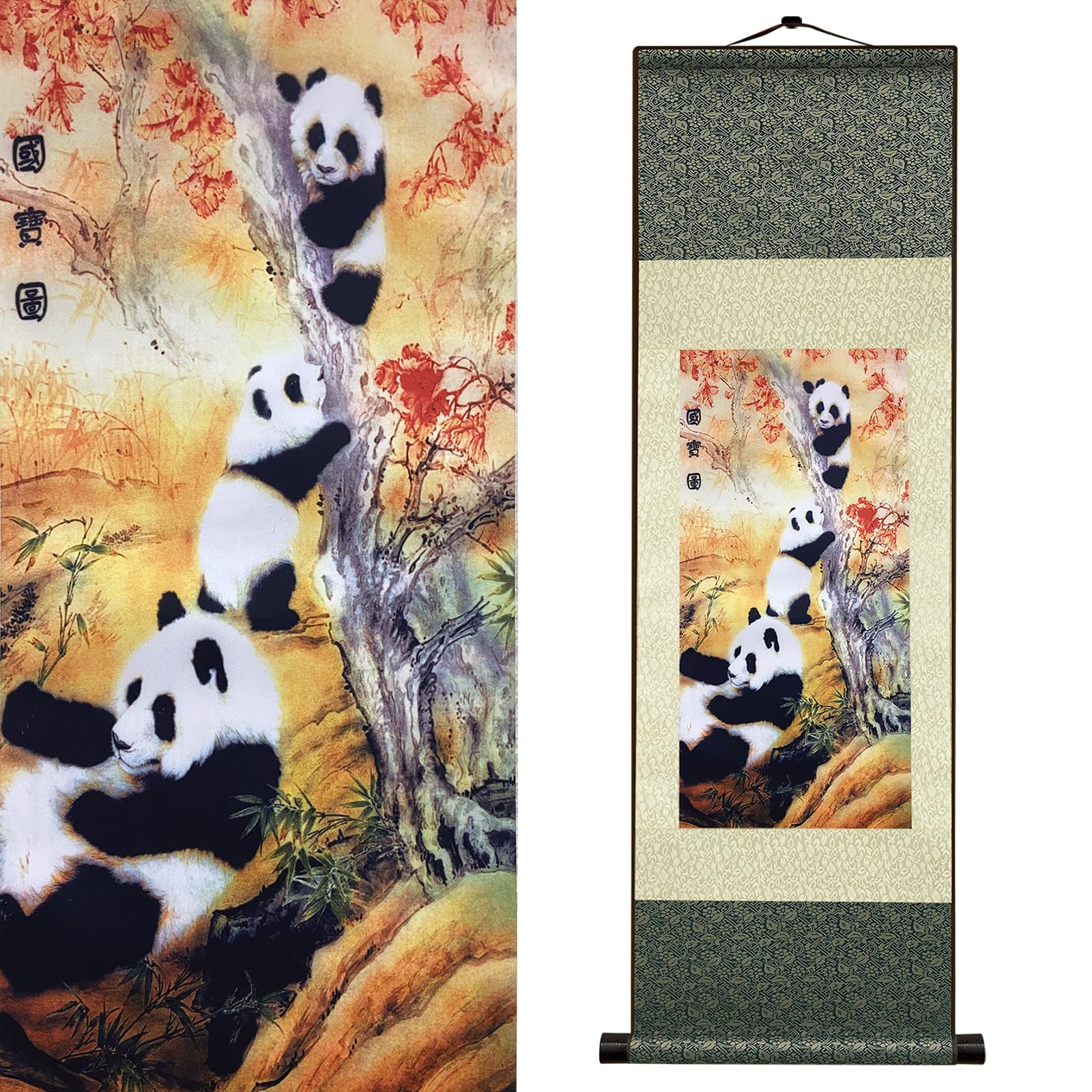 Newscz Bedroom Wall Art Silk Scroll Animal Wall Painting Giant Panda Posters Wall Tapestry Asian Chinese Panda Art House Decoration for Home Living Room Lounge Decor 36 by 12 in(HJ-K007)