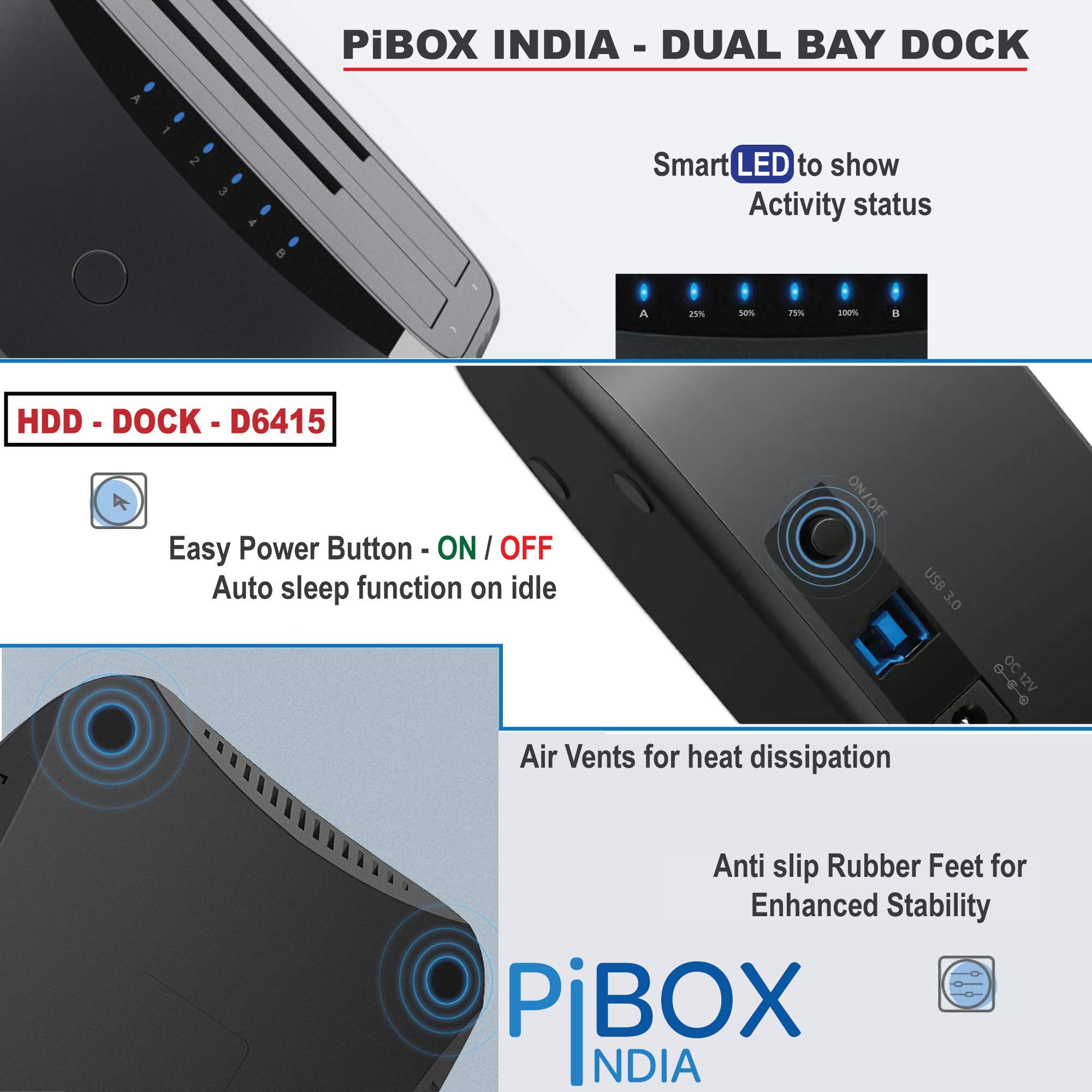 PiBOX India, Dual Bay USB 3.0 to SATA I, II, III Hard Drive Docking Station Upto 12TB for 2.5 or 3.5in HDD, SSD with Hard Drive Duplicator Offline Clone and Auto Sleep and UASP - Top-Loading Design — Amazon image 5