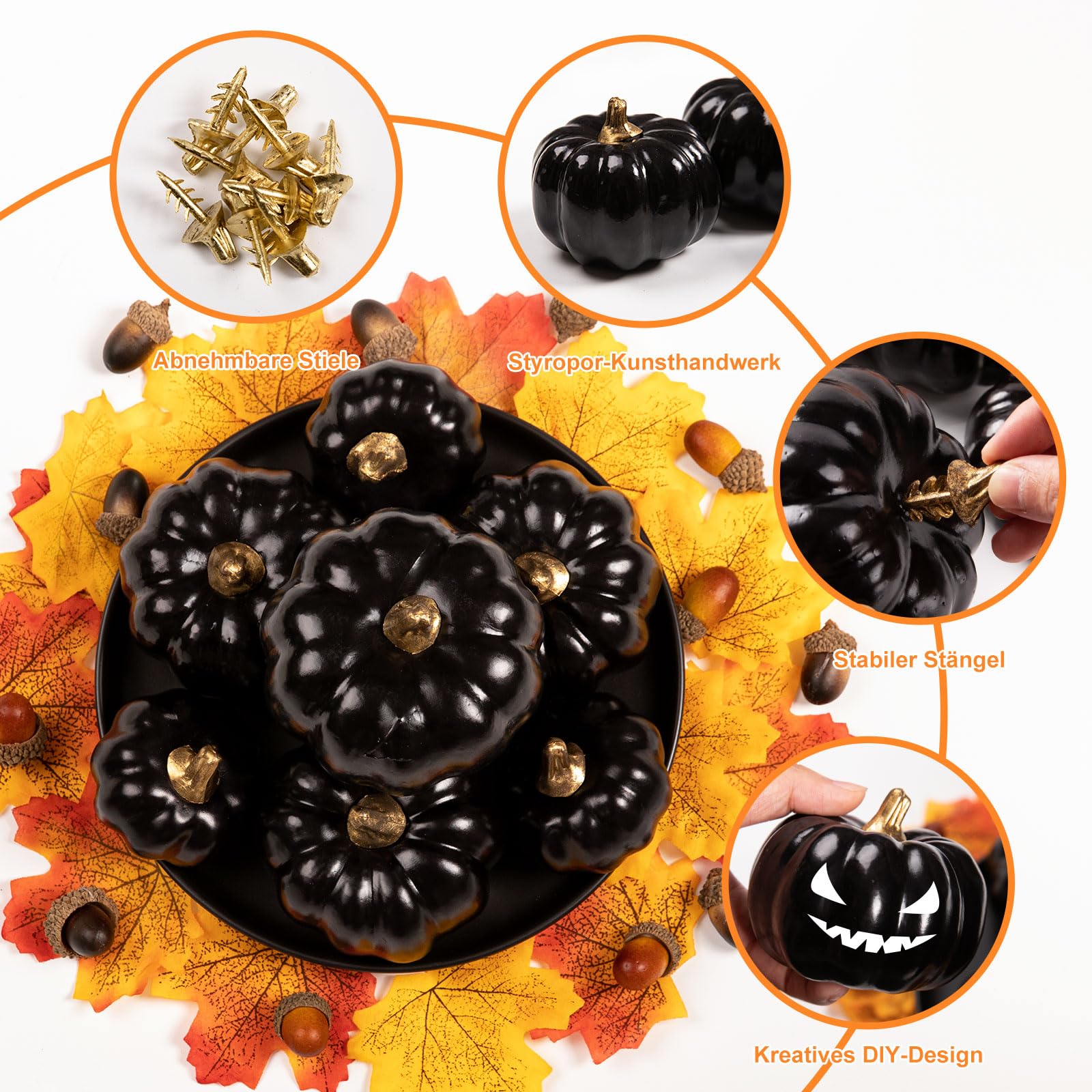 Benjia Kürbis Herbst Dekorationen, Mini Klein Draußen Künstlich Gefälscht Schaum Simulation Kürbis Herbst Bauernhaus Deko für Halloween Thanksgiving Tisch Dekorieren (12 Stück, Schwarz)