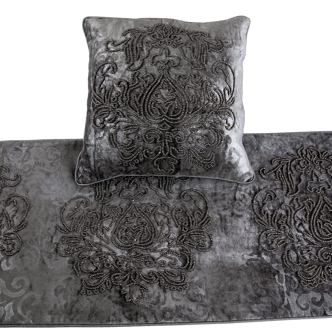 The HomeCentric Dekorativer handgefertigt Grau Samt König 225 x 45 cm Bettläufer mit Kissenbezug, Damastfolie Samt und Stickerei Samt Bettwäsche Fußwärmer Zuhause wohnen - Foil Damask
