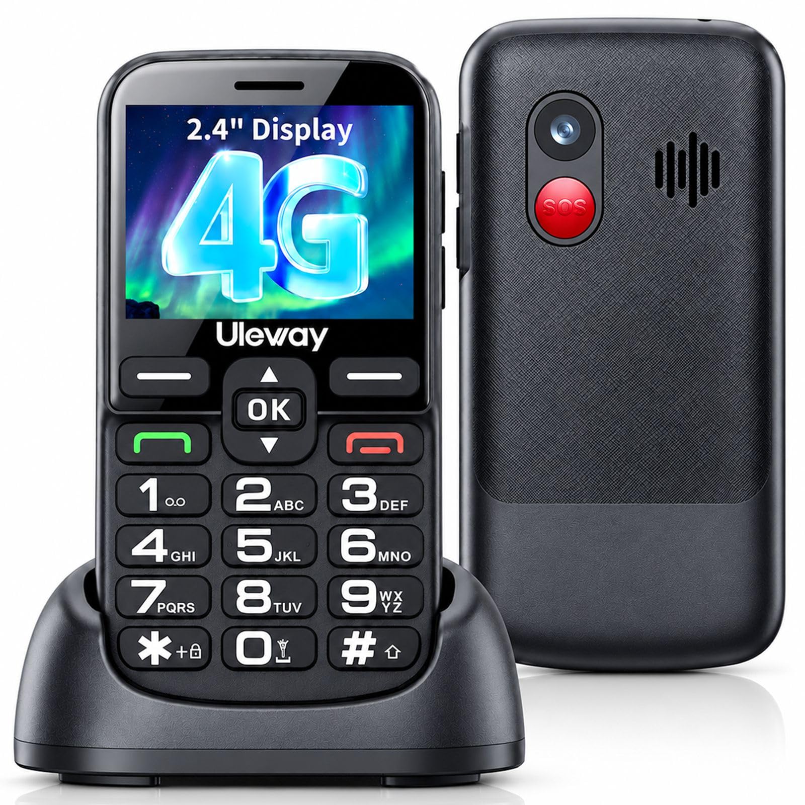 Seniorenhandy ohne Vertrag 4G, Dual SIM, 2,4" großes Querdisplay, Schwarz