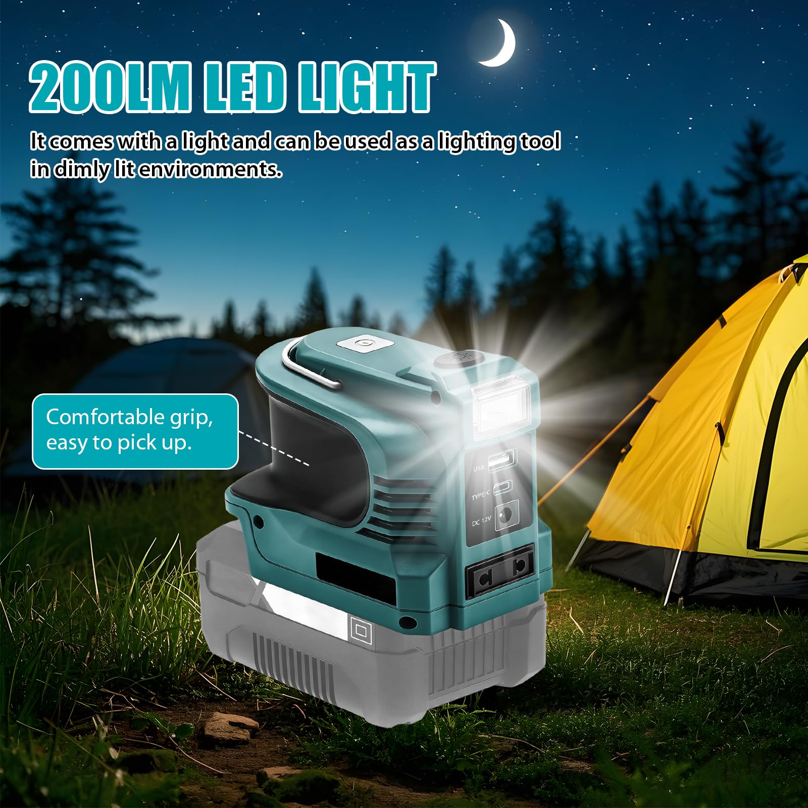 Onduleur de batterie 220 W compatible avec la batterie Makita 18 V, DC 18 V vers AC 220 V, convertisseur de tension sans fil Inverte avec USB Type-C, lampe LED 200 lm (220 W pour Makita)