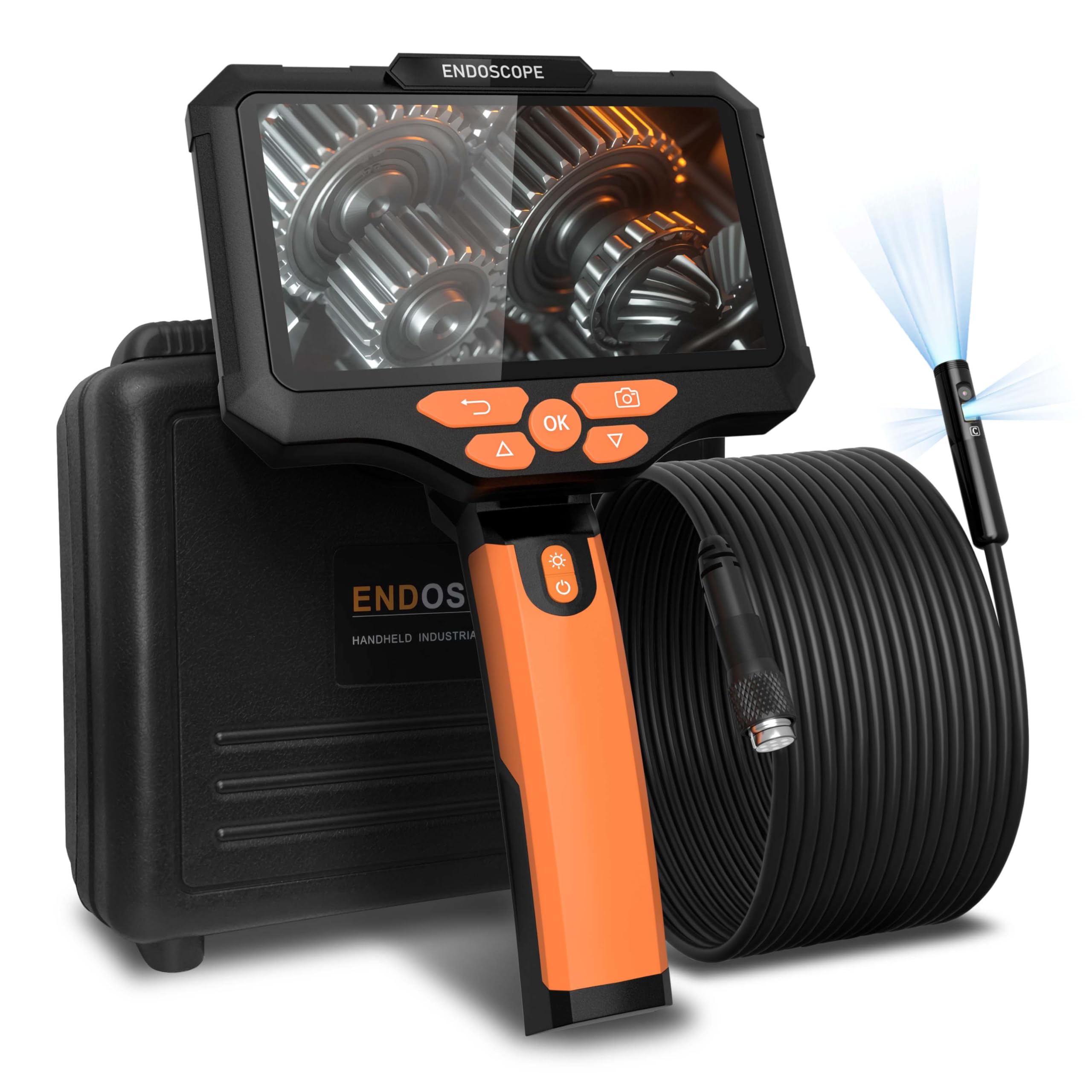 Endoscopio 15M Triple Lente, 1080p Endoscopio Tuberias Camara de Inspeccion con Pantalla IPS HD de 5 Pulgadas, Endoscopio Industrial Camara IP67 con 8+2 Luces LED, 7.9MM, 64 GB de RAM