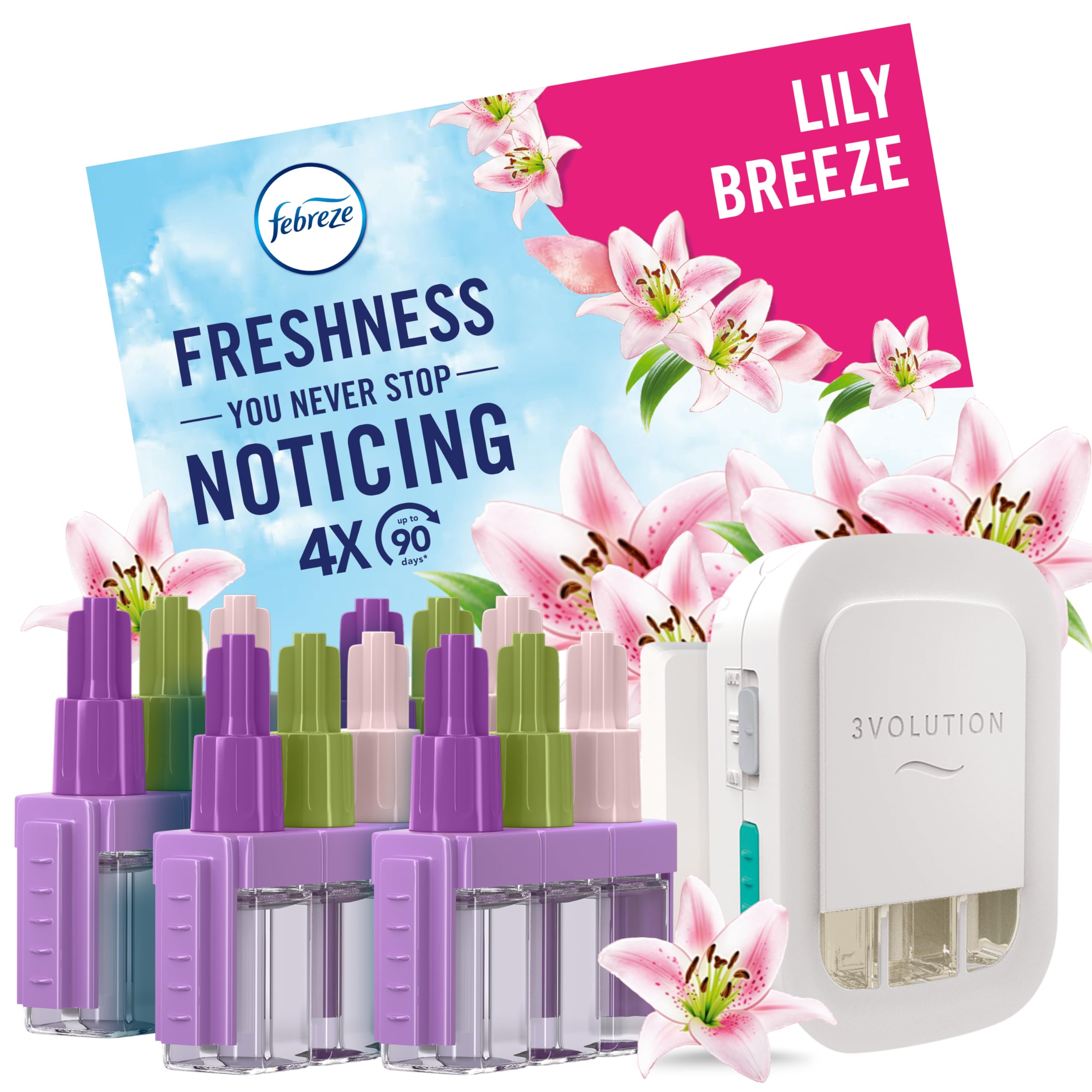3Volution Plug In Air Freshener Starter Kit + 4 Refills, (20mlx4), Odour Fighter & Bathroom Air Freshener, Lily Breeze, Plug In Refills 3Volution