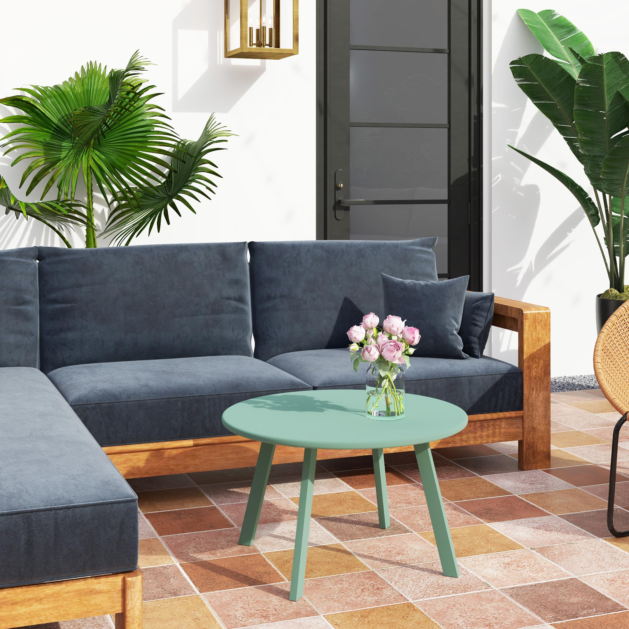 Outsunny Mesa de Centro Redonda pequeña, Mesa Auxiliar con deslizantes Antideslizantes, Estructura de Metal, para jardín, balcón, terraza, salón, Ø 70 x 42 cm, Verde
