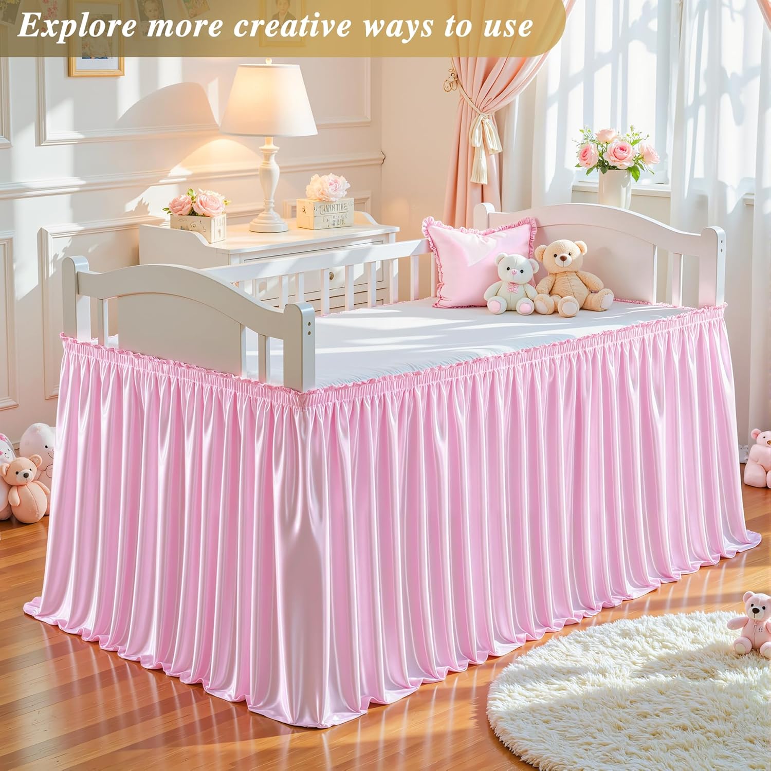 17Ft Baby Pink Satin Table Skirt for Rectangle or Round Tables, Wrinkle-Free & Ruffle Pleated Teacher Desk Skirt Sparkly Spandex Table Skirting for Home Office & Kitchen, Trade Shows, Wedding Party