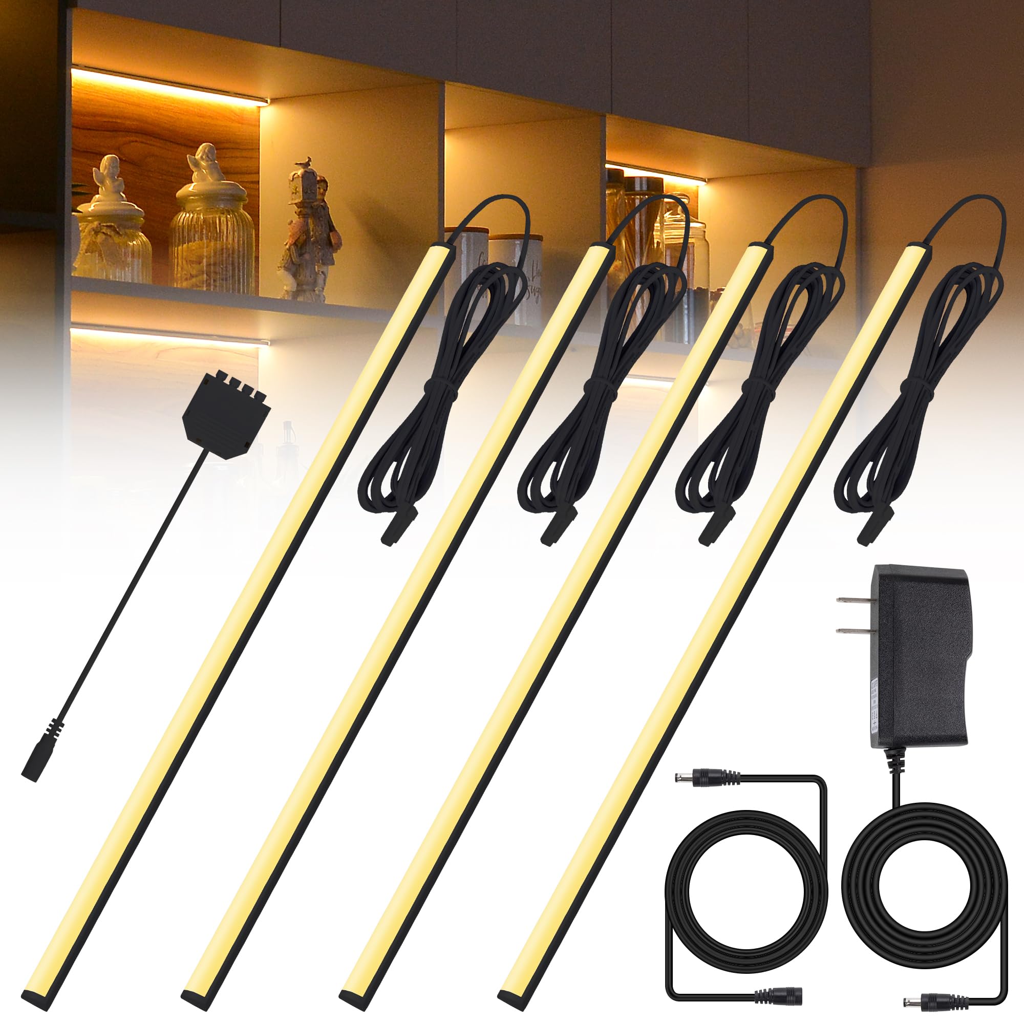 JUSJUBR Black Display Shelf Lighting, 4 Pack x12 Inch Display Lights for Display Case, LED Display Lights with Memory Function, Display Cabinet Lights for Pantry/Shelf/Case, Warm White 3000K