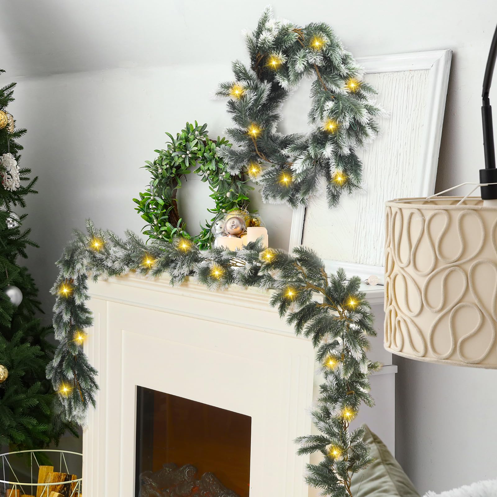 Chuangdi Lot de 6 guirlandes de Noël floquées de neige artificielles avec lumières - Guirlande de pin de cèdre blanche pour cheminée, table, porte d'entrée, décoration d'escalier (lot de 6, LED blanc