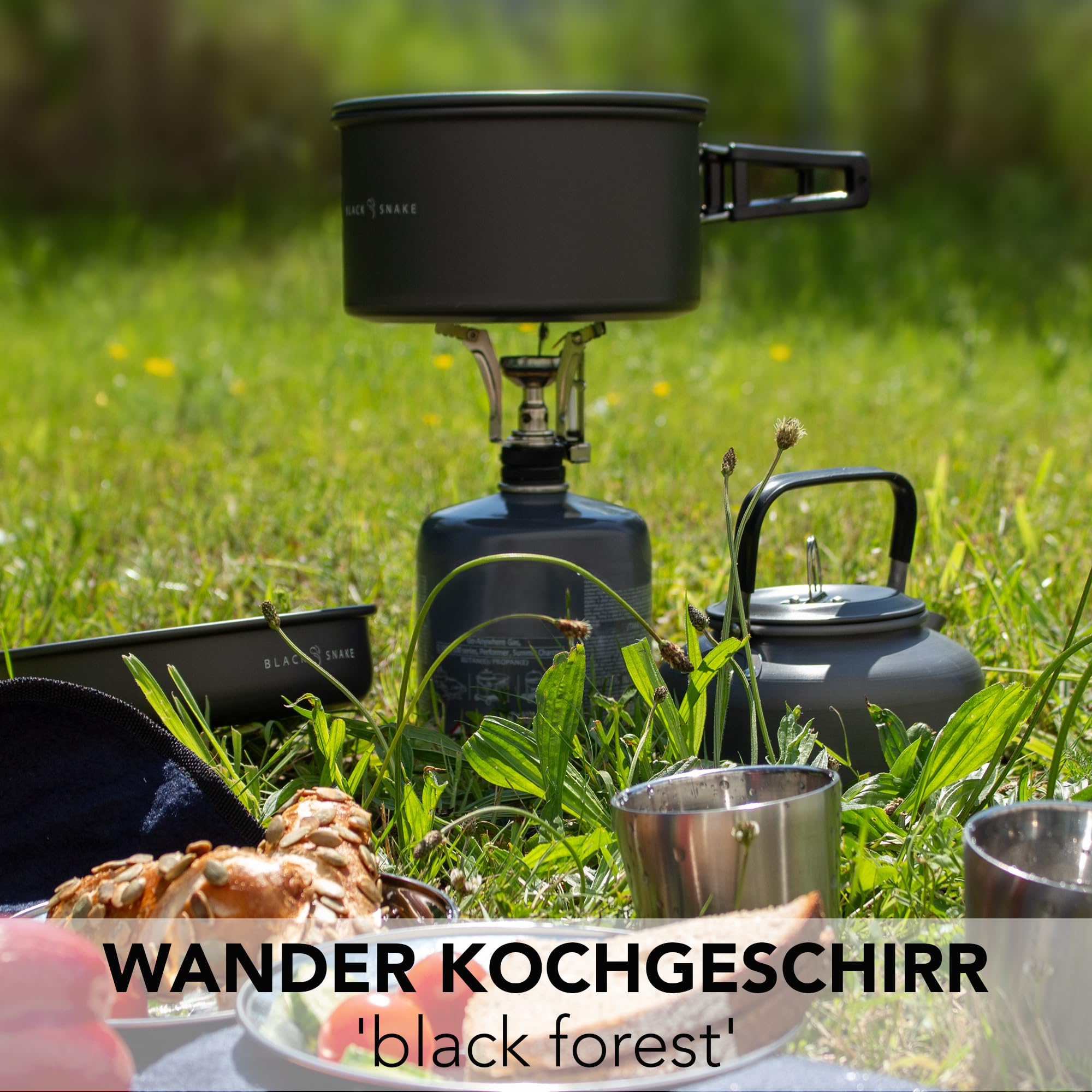 Camping Geschirr Set 10-teilig für 1-2 Personen - Kochgeschirr mit Topf Pfanne Kessel Becher Besteck und Zünder - Outdoor Kochset kompakt & leicht