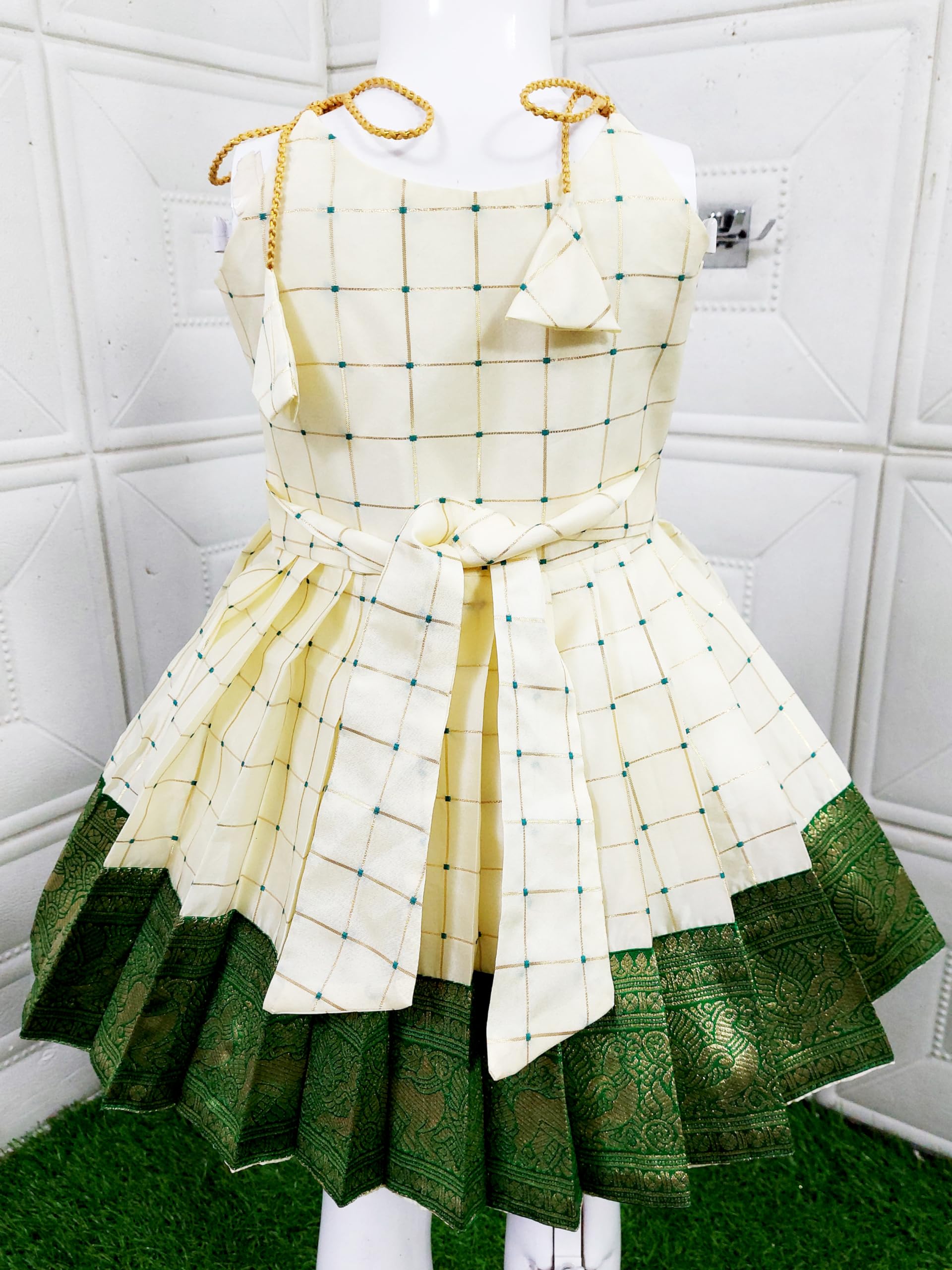 FELIZ THE DESIGNER STUDIO South Indian Traditional Pattu Pavadai Tapeta Silk Frock Green Knee-Length Dress For Baby Girls, 18-24 Months 1