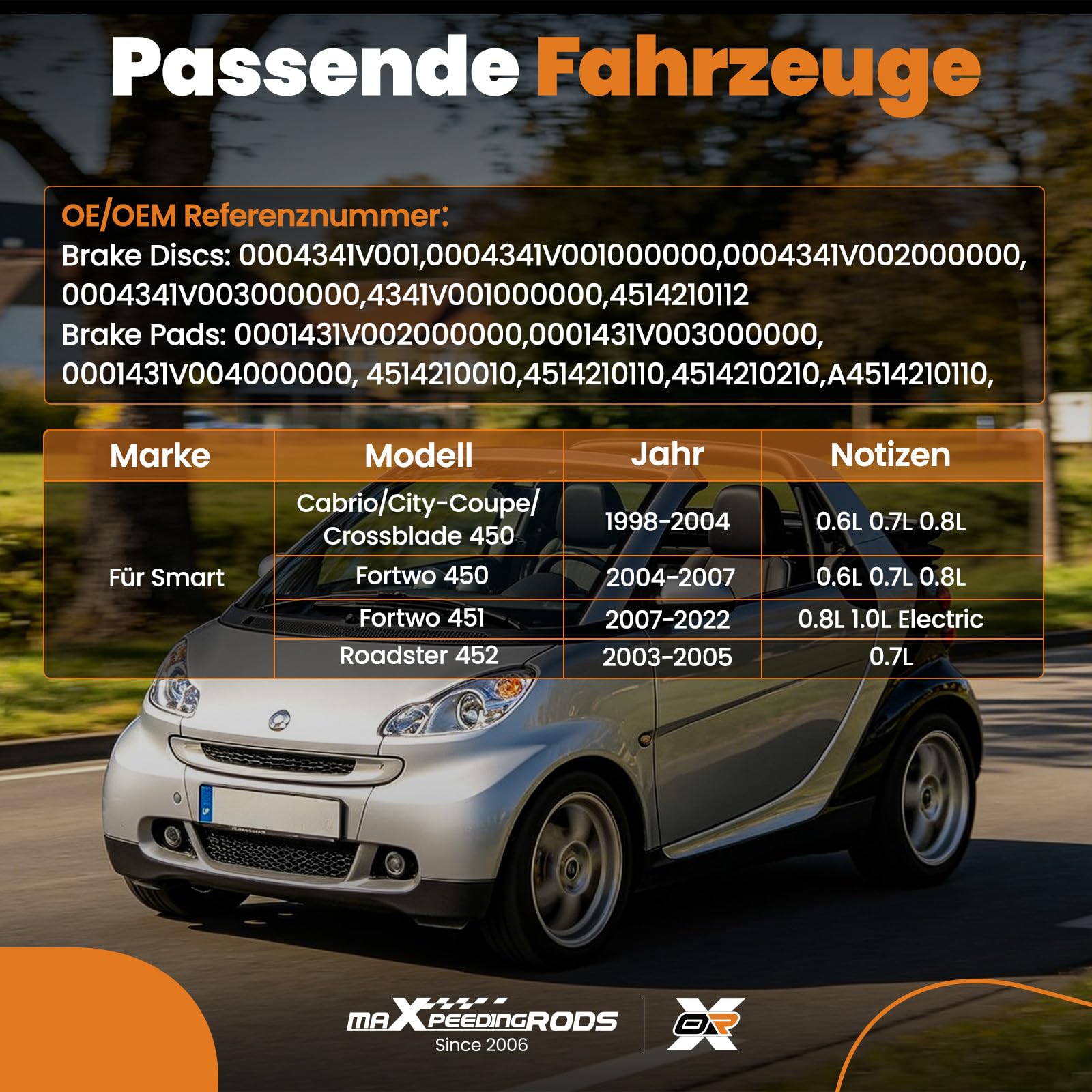 maXpeedingrods Set di freni con 2 dischi freno + 4 pastiglie freno anteriori da 280 mm, per Smart Fortwo Cabrio per City-Coupé 4514210112