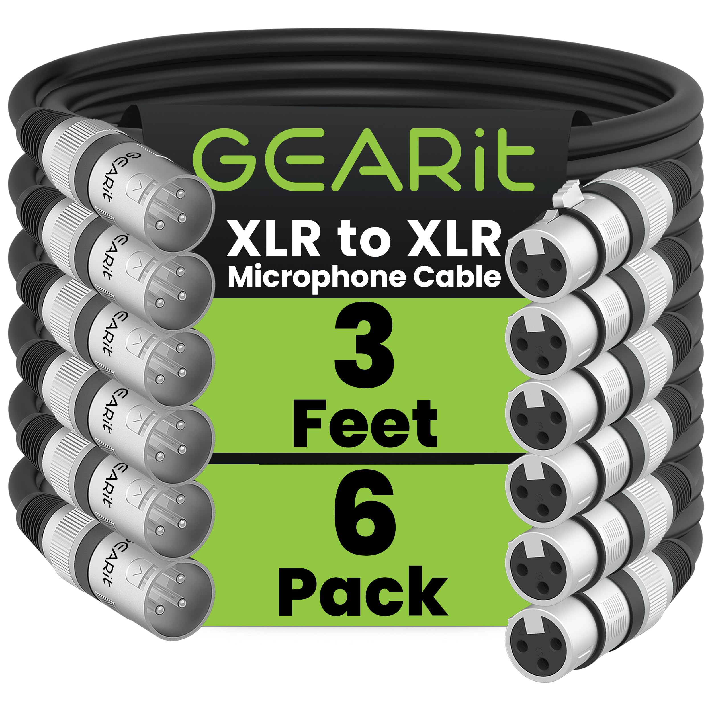 GearIT XLR Microphone Cable (3 Feet, 6-Pack) Male to Female 3-Pin Balanced Shielded Cable for Mic Mixer, Recording Studio, Podcast - Black, 3ft