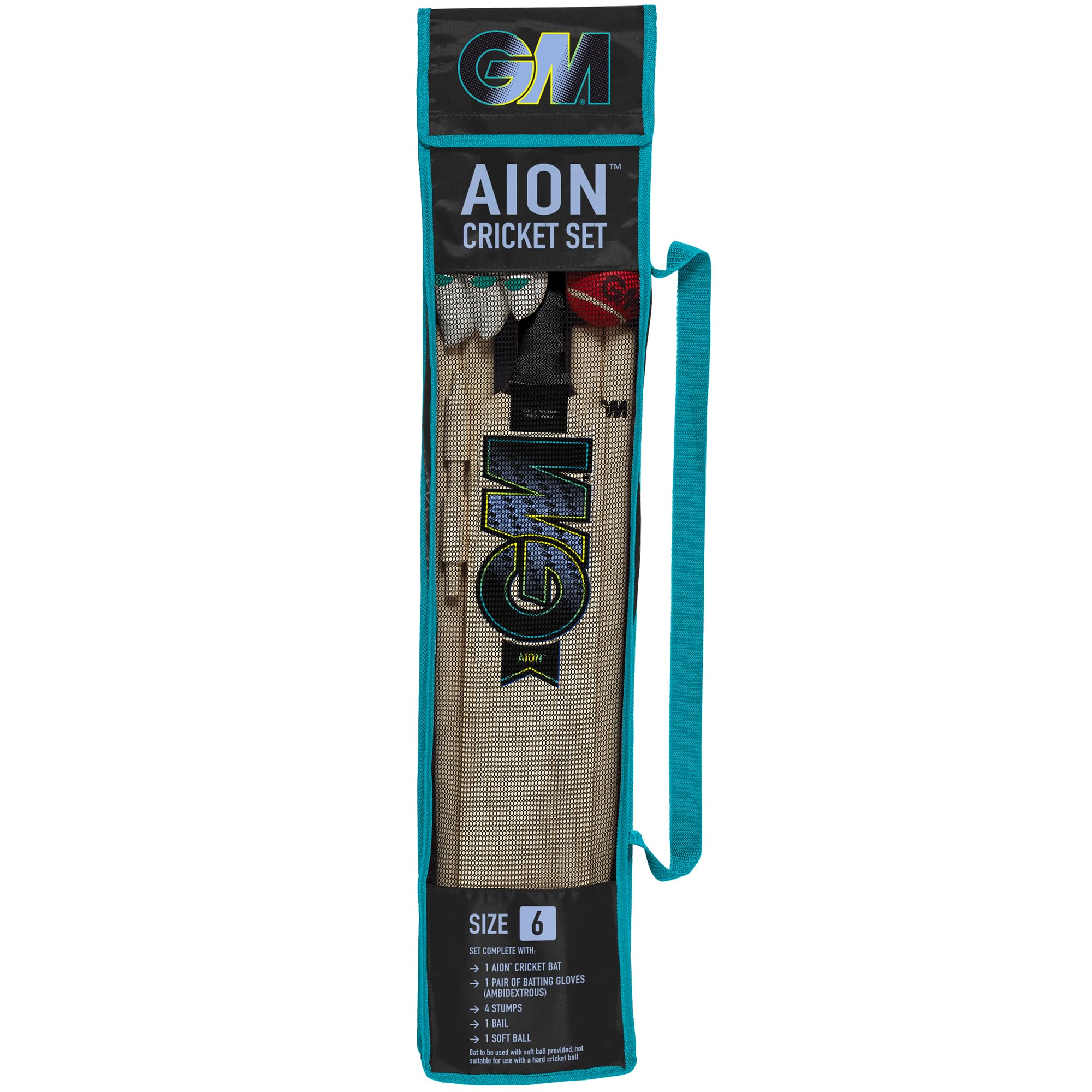 Gunn & Moore GM Young Gunn Cricket Set | Aion | Wooden Cricket Bat, Soft Ball, Batting Gloves, Stumps & Bail and Carry Bag | Sizes 2, 4 or 6