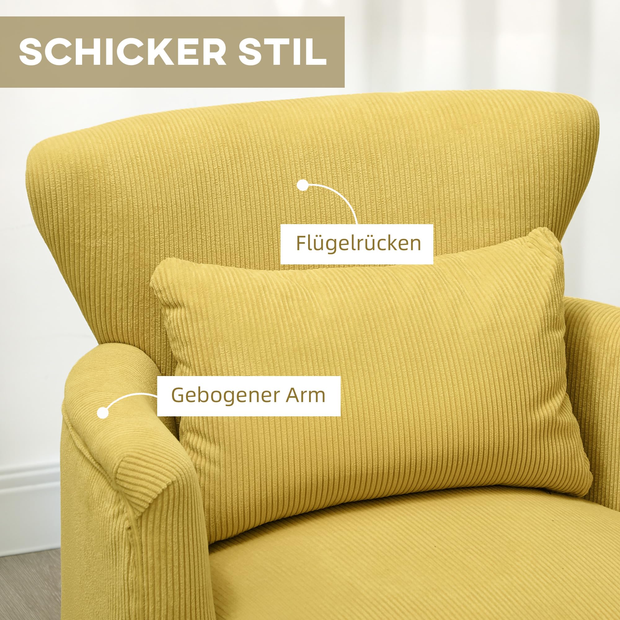 HOMCOM Sessel Loungesessel mit Armlehnen, Polstersessel mit Kissen Armlehnensessel mit Kordoptik, Holzbeine Lesesessel für Wohnzimmer, Schlafzimmer, Gelb