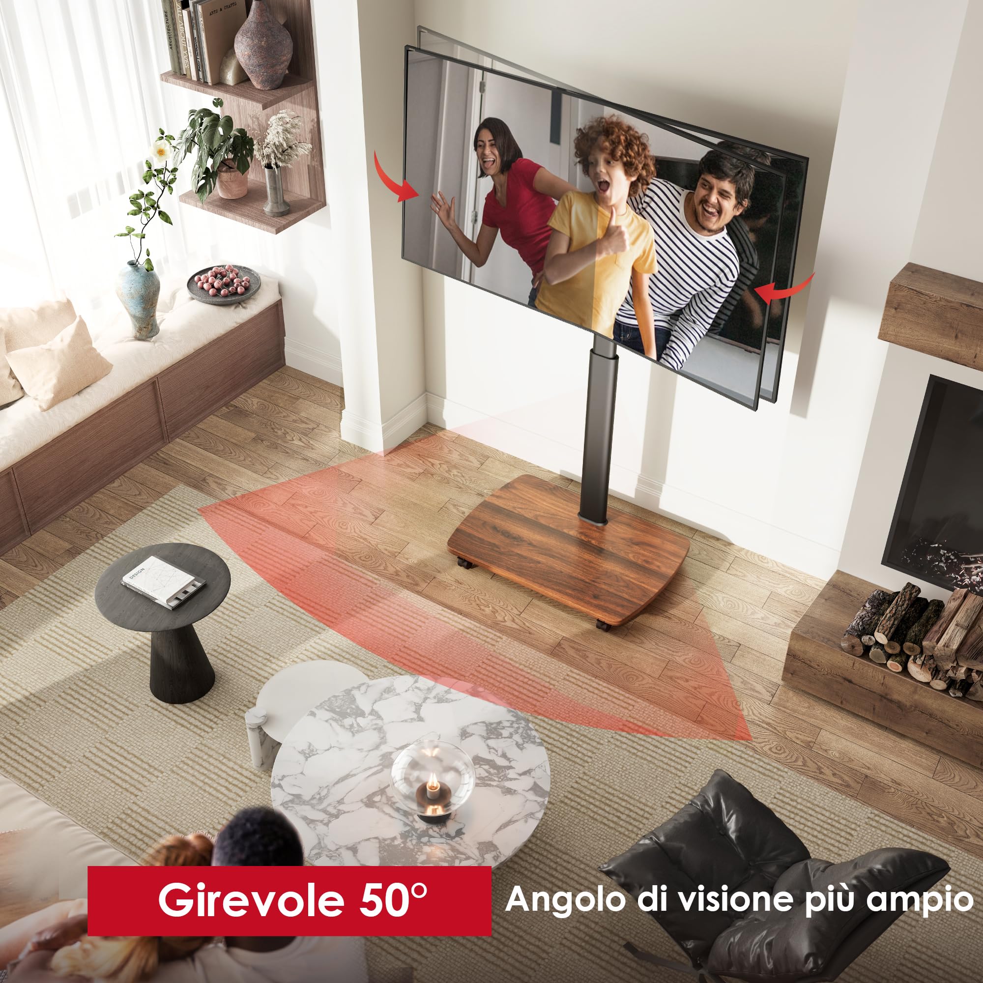 AOKCOS Carrello Porta TV con Ruote per 43-75 Pollici, Supporto TV da Pavimento Girevole e Regolabile in Altezza, Inclinabile, Base in Legno, VESA 600x400mm 50kg