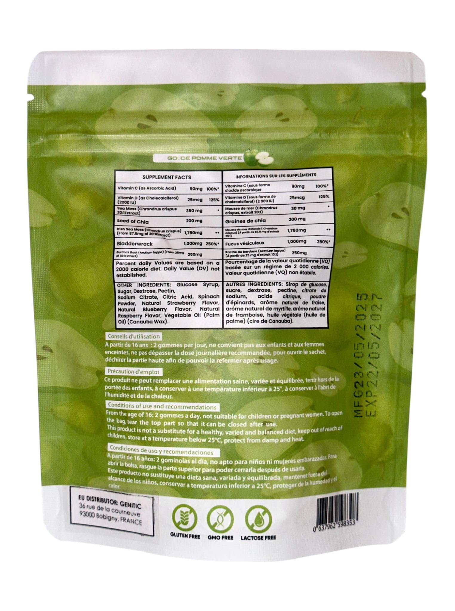 Gummies Graine de chia en sachet, Gummies Chia Minceur & Perte de Poids et de Tour de taille, Source de protéines, fibres et OMEGA 3, Complément alimentaire, Sans Sucre, 45 gummies, Goût Pomme