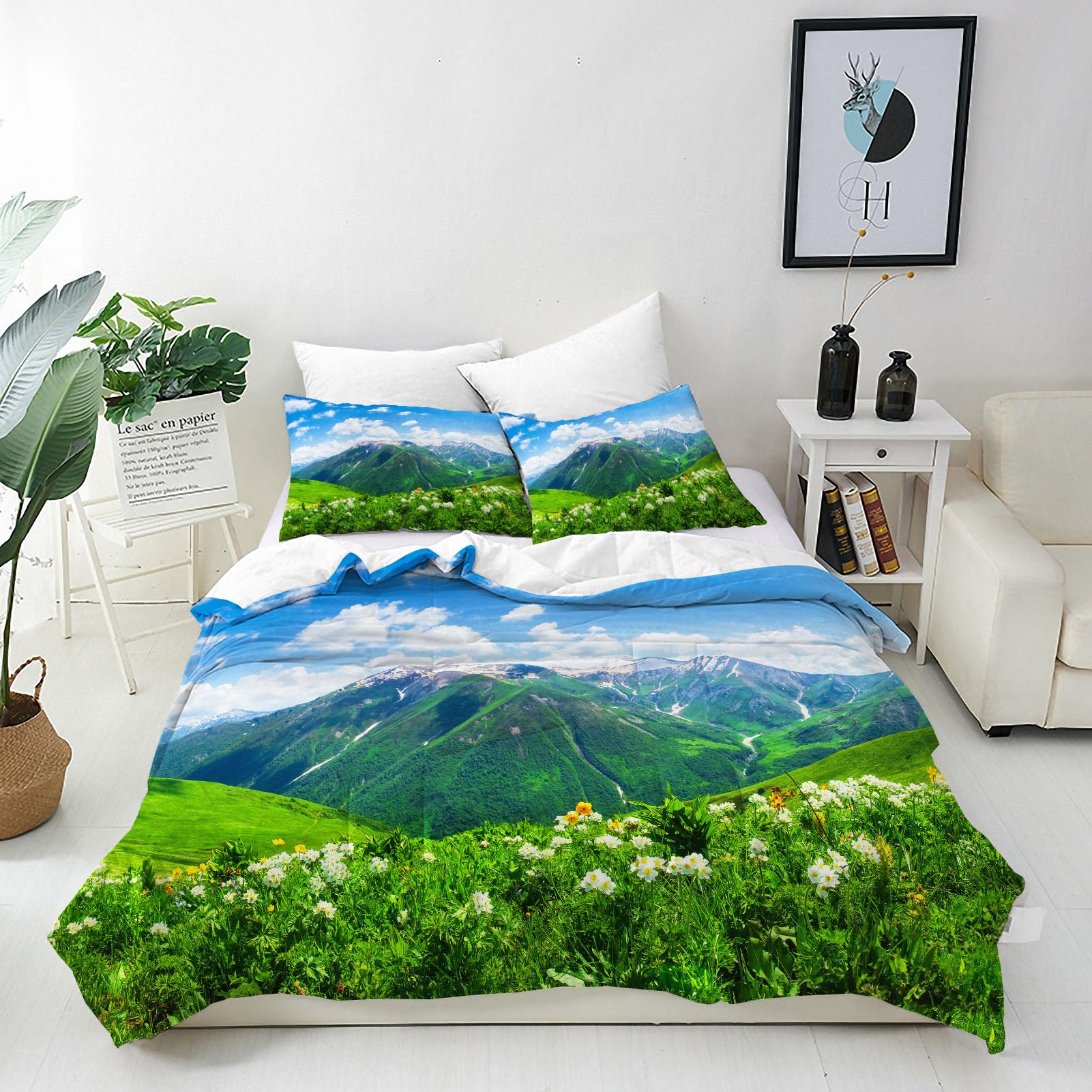 ANHOPE Nature Landscape Duvet Cover Set Soft Lightweight Microfibre Quilt Cover with 2 Pillowcase Bright Mountain Blue Sky Print Pattern 3 Pcs Bedding Set with Zipper Closure Single 135 x 200 cm โ image 1