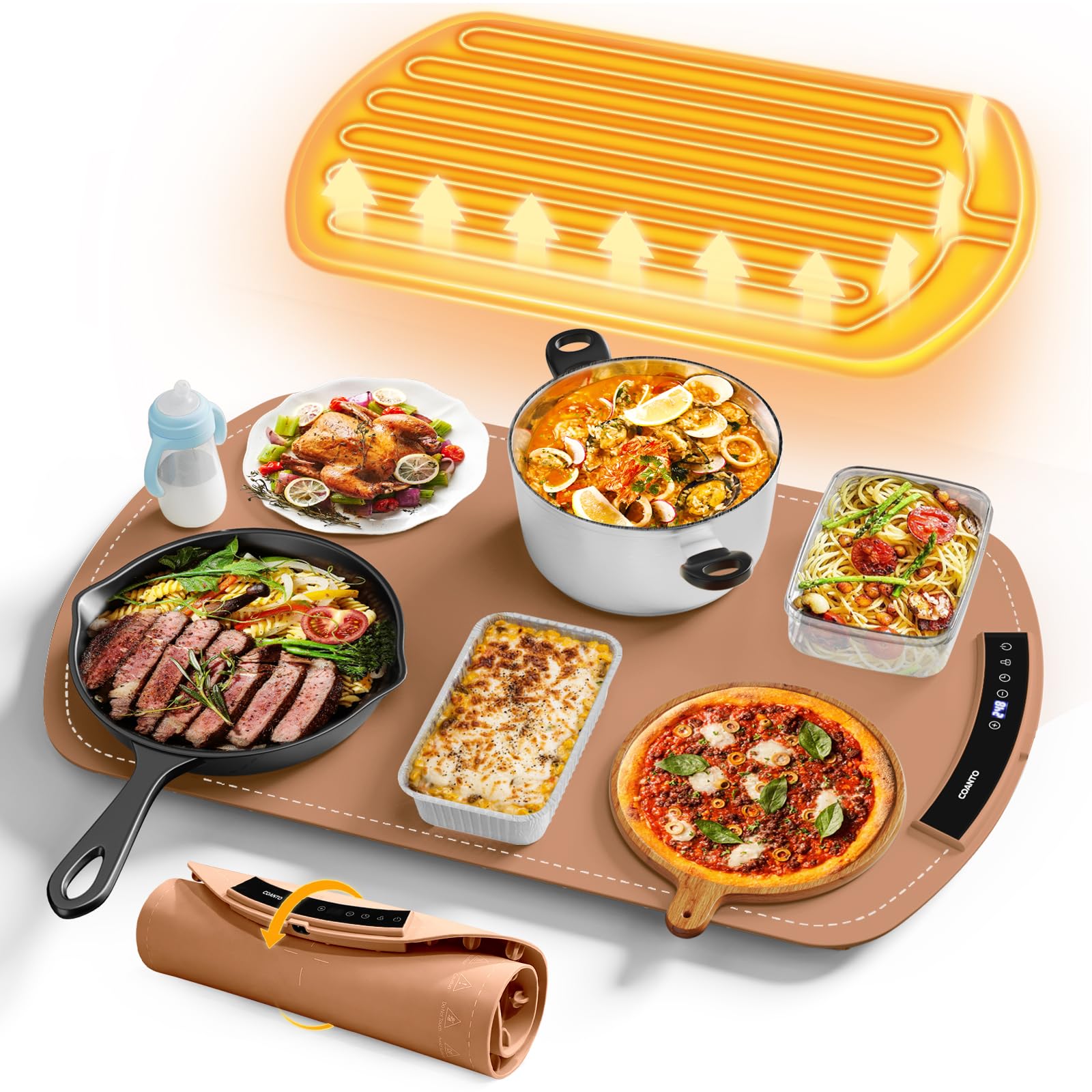 Coanto Food Warming Mat, 9-Temp Electric Warming Tray, 25.8 x 15.6, Brown