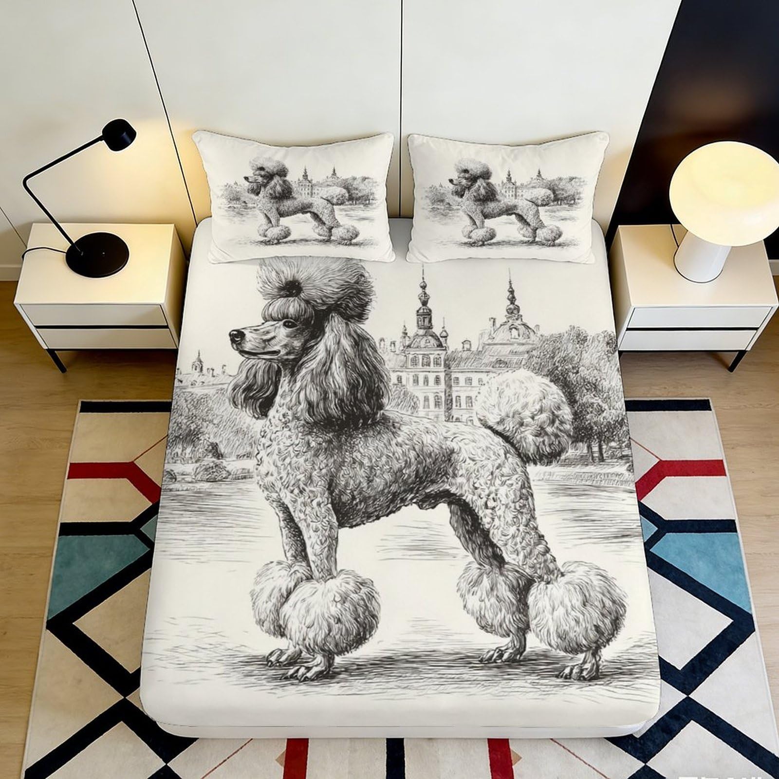 Uxinyoume Style-5 3D Printed Vintage Poodle Fitted Sheet Microfiber Soft Touch Artistic Cityscape Mattress Cover Bedroom Decor 90X200x25cm