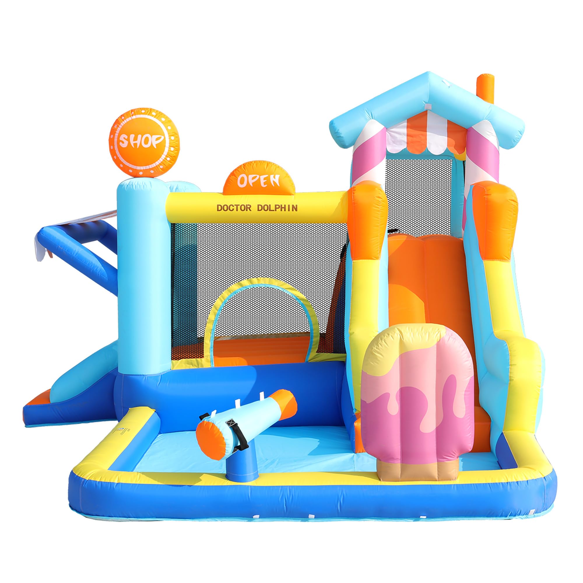 Castello gonfiabile per bambini con ventilatore, parco acquatico multifunzionale all'aperto con trampolino, scivolo d'acqua, piccolo scivolo, fontana, pistole ad acqua, con ventilatore da 450 W, blu