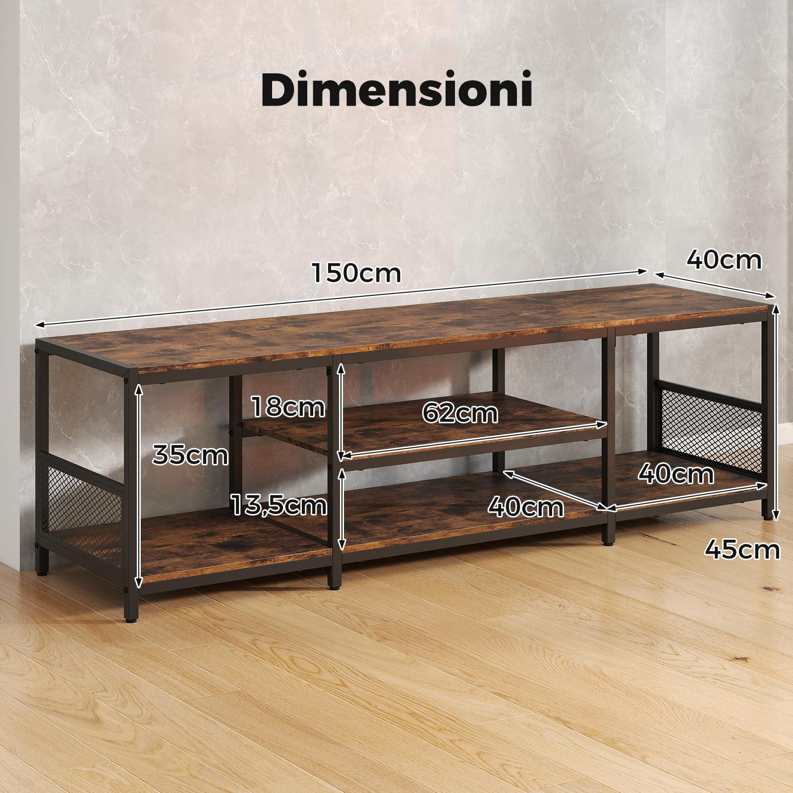 COSTWAY Mobile TV Soggiorno fino a 65", Tavolino TV con Mensole Aperte, Consolle Media Industriale, Centro Intrattenimento Basso Salotto, per Soggiorno Camera da Letto