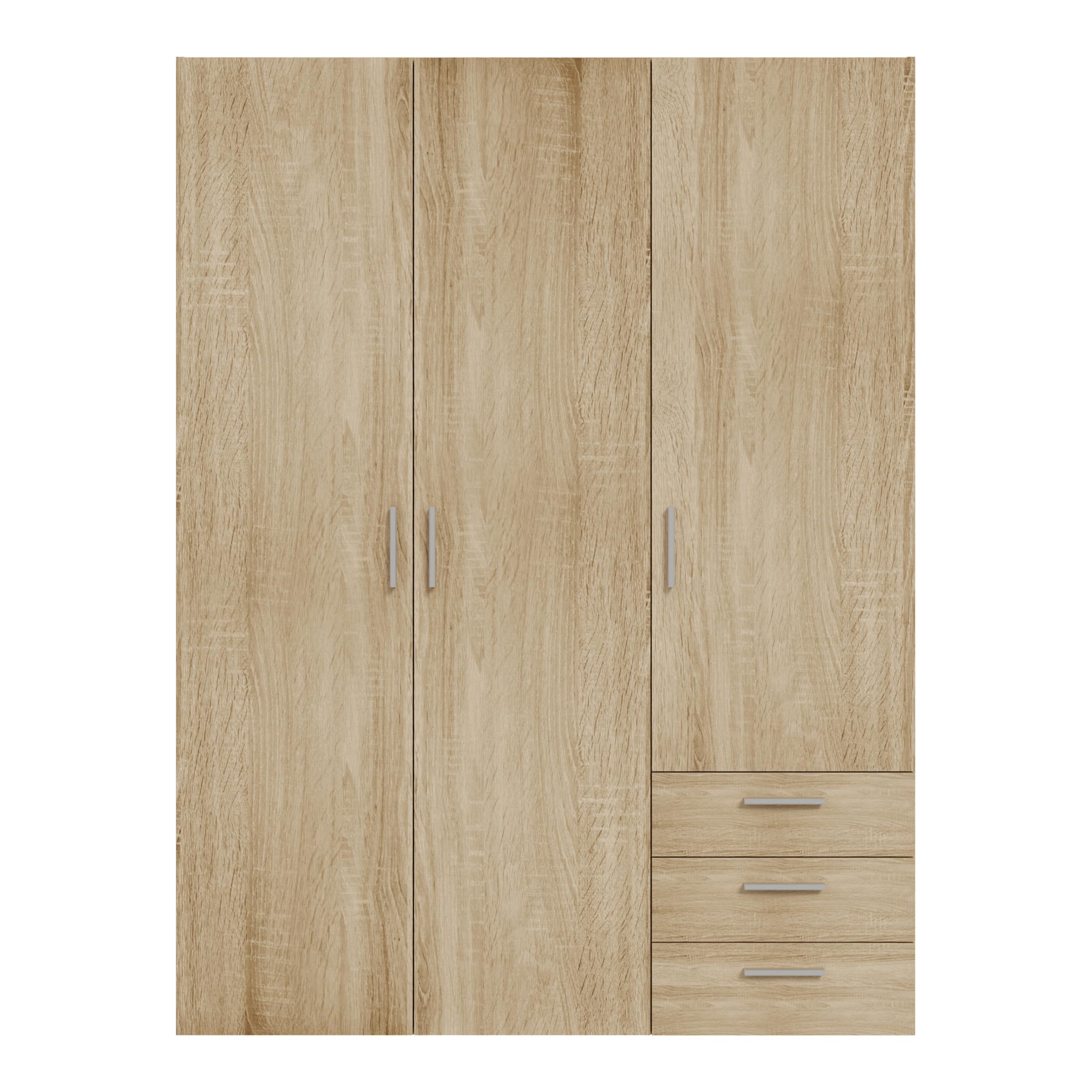 Forte Armario clásico Brooklyn 140 con 3 Puertas y 3 cajones, Madera de Roble Sonoma, 139,4 cm de Ancho, 185 cm de Alto, 54,2 cm de Profundidad