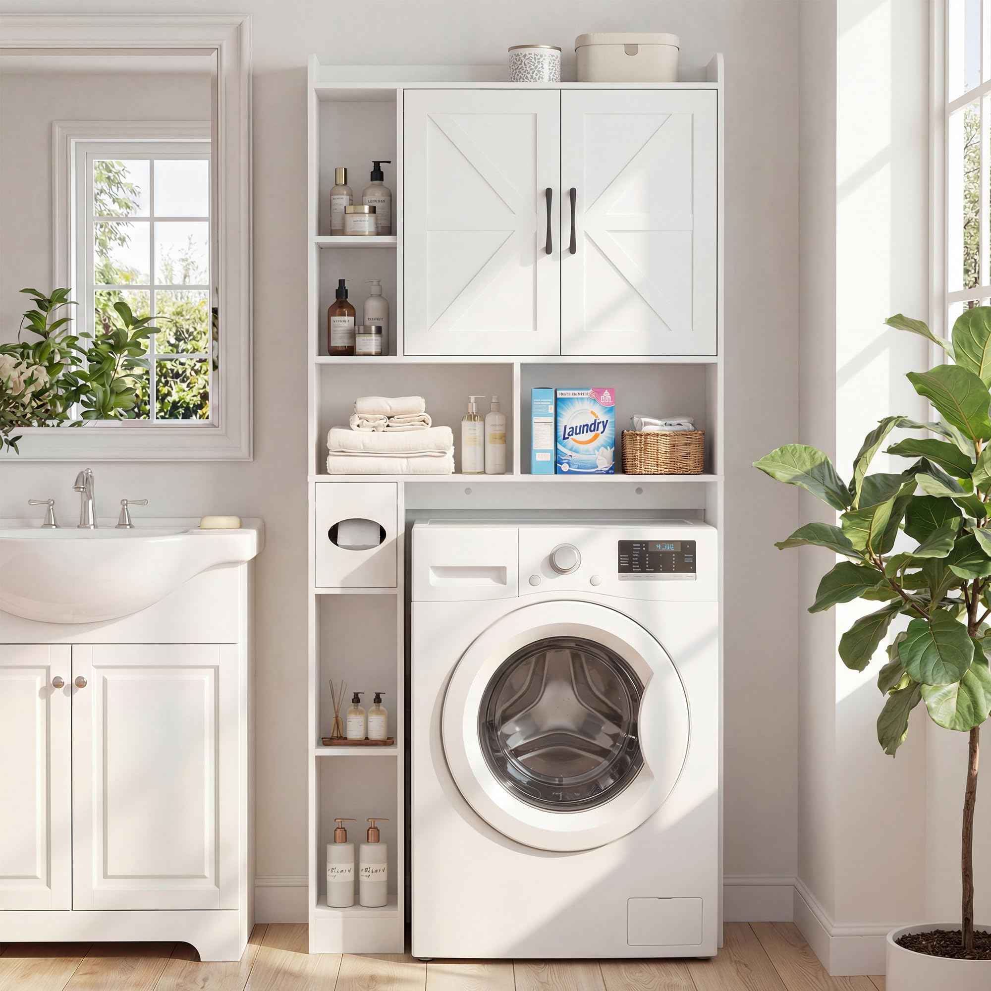 BonVache Waschmaschinenschrank mit 2 Türen, Verstellbare Ablagen, Waschmaschinenregal mit Seitenfach für Papierhandtuch und 6 offene Fächer, für Badezimmer, Toilette und Waschküche, Weiß