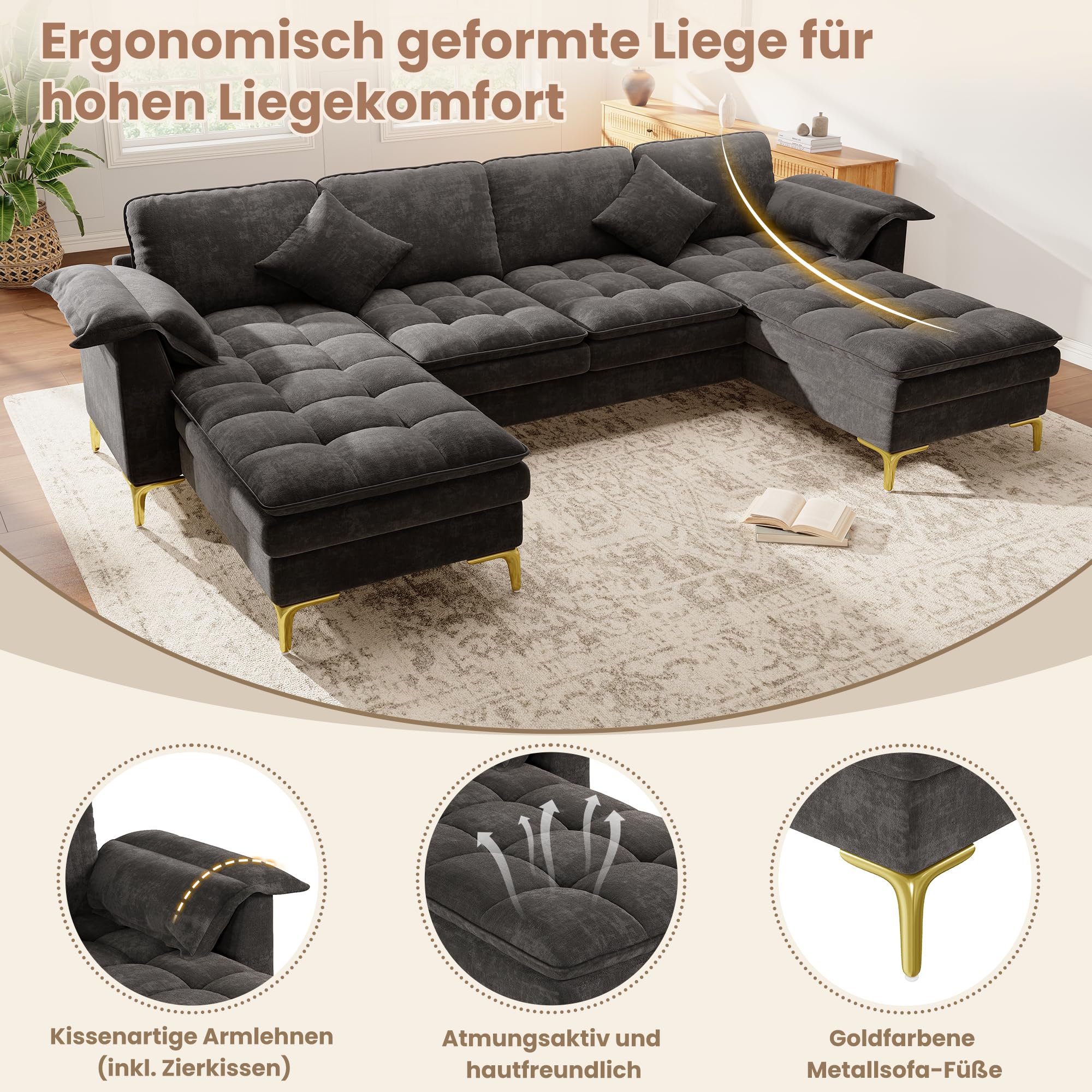 Sofá esquinero en forma de U, diseño modular de 4 plazas con efecto nube y cojín de espuma de doble capa, incluye 2 chaise longues, 2 cojines, patas de metal doradas, funda de chenilla, adecuado para