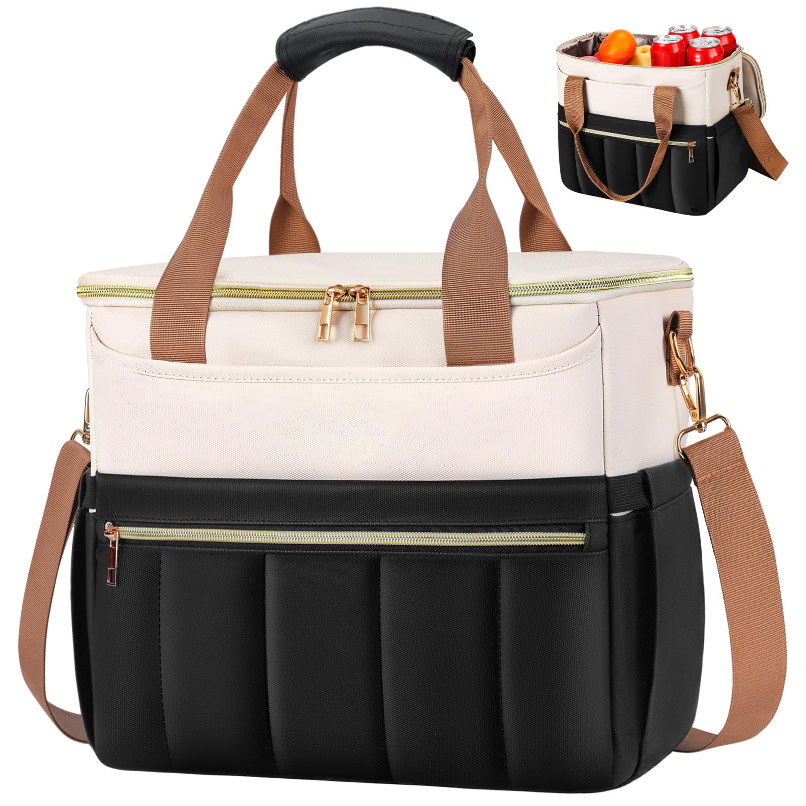 ISEYOU Insulated Lunch Bag, Wide Opening Lunch Bags for Women Men with 6 Pockets, Large 14.7L Leakproof Adult Cool Bag Tote with Adjustable Shoulder Strap Bottle Holder for Work Picnic School