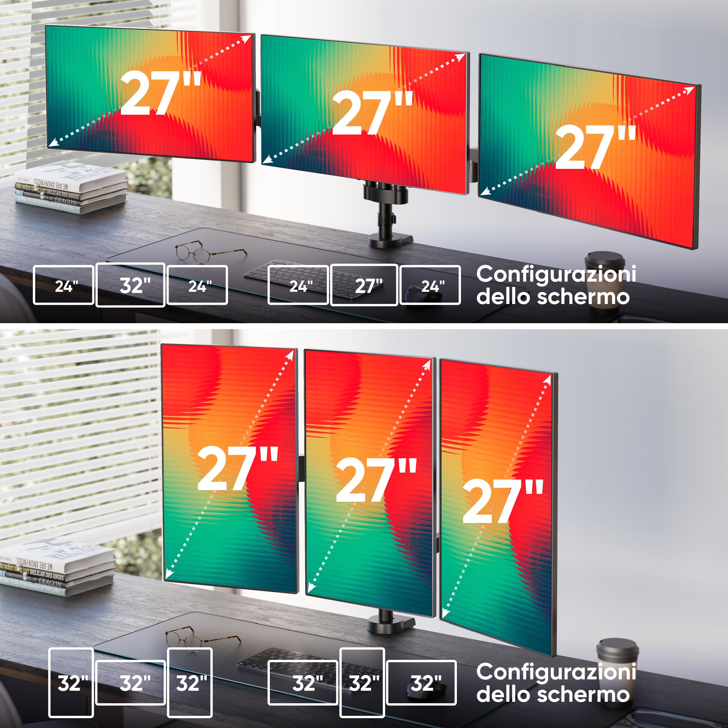 ONKRON Supporto Monitor Scrivania per 3 Schermi 13-32 pollici, Carico totale 24 kg, Braccio Monitor VESA 75x75-100x100 mm, Supporto Schermo PC Scrivania Girevole, Inclinabile, Nero G280-B