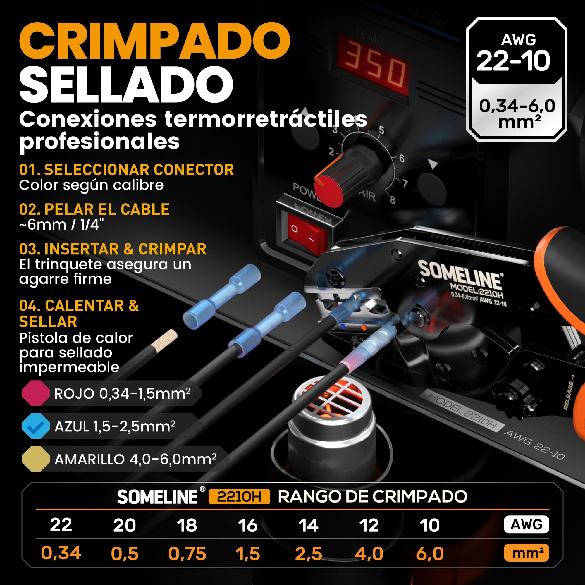 SOMELINE juego de alicates para engarzar conectores a tope, 0,5-6 mm²,100 piezas con tubo retráctil, juego de alicates para engarzar conectore