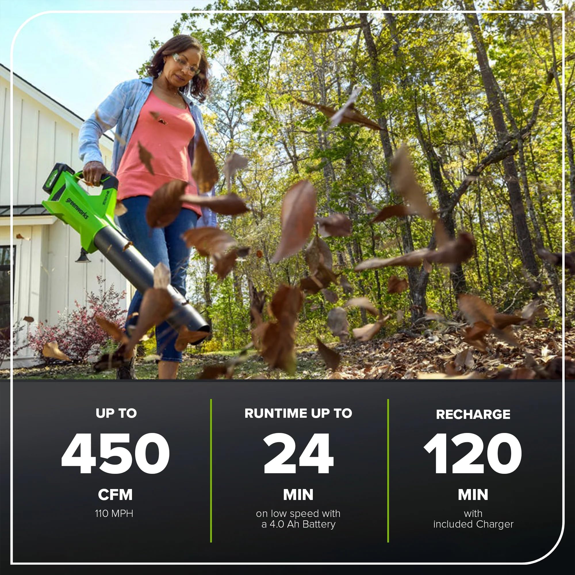 Greenworks Soplador 24V con Batería 4Ah y Cargador USB-C 65W, Brushless, 177 km/h, 12,18 m³/min, Cruise, Turbo BL24L411-01