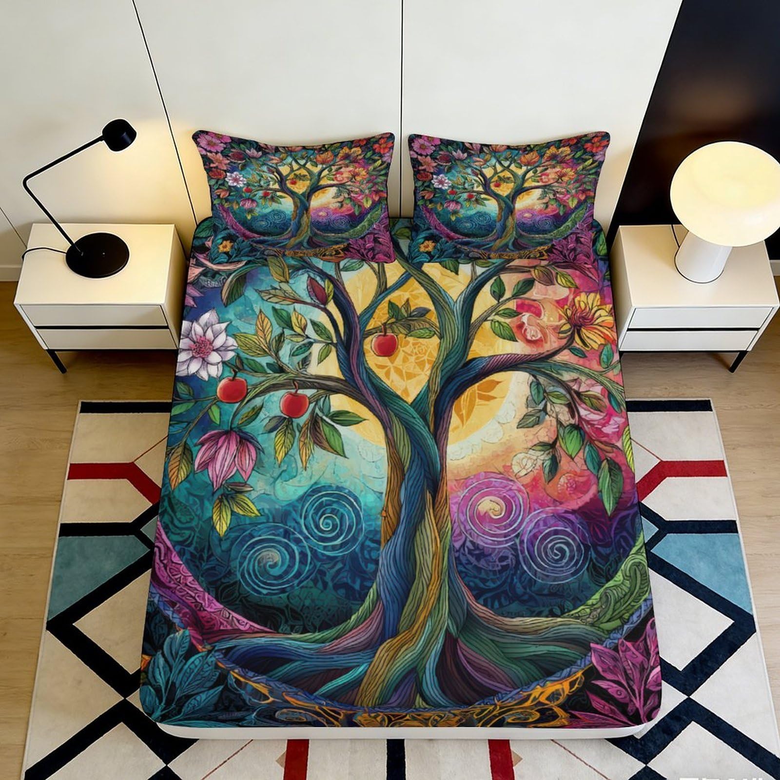 3D Printed Tree of Life Fitted Sheet Microfiber Colorful Artistic Mandala Bed Cover for Bedroom Guest Room Decor 90x200x25cm