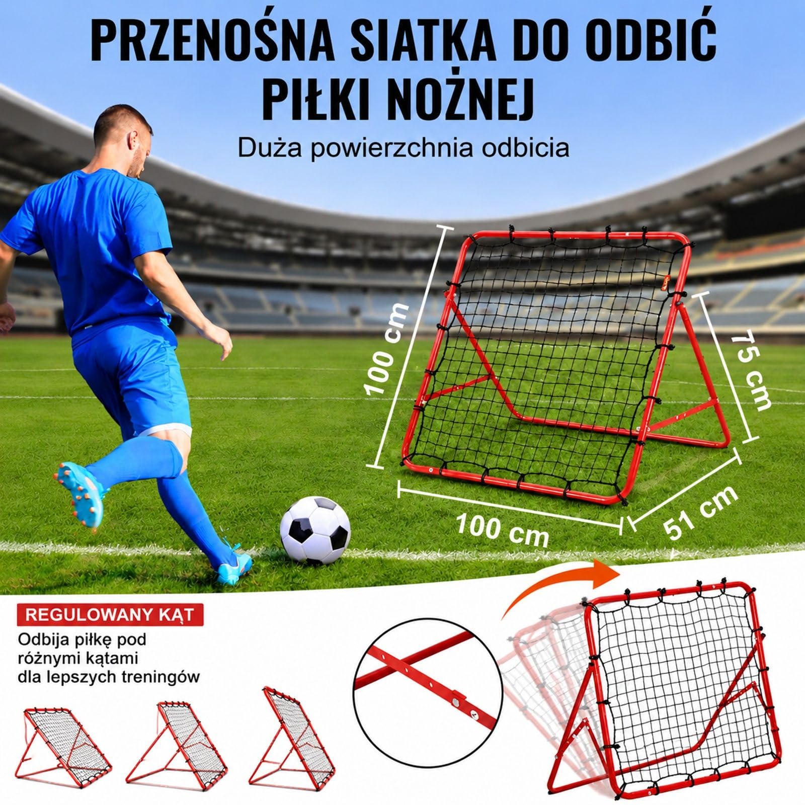 Siatka do odbijania piłki nożnej z czerwoną rurą żelazną, czarną siatką PE i regulowanym kątem do treningu
