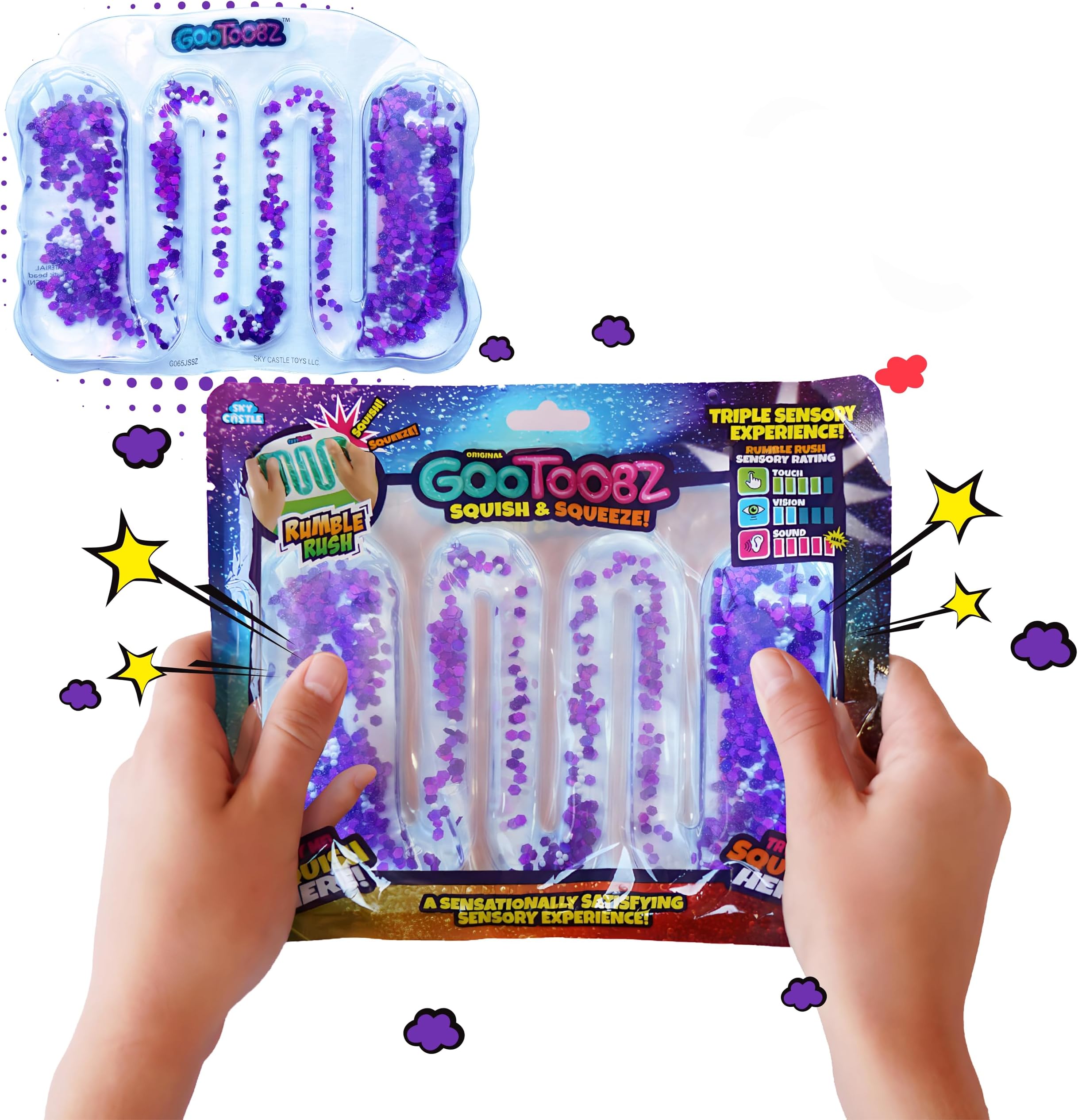 GooToobz Originals - Squishy Sensory Tubes - Filled with Colorful Goo, Glitter and Beads | Non-Toxic, Squeezable Fidget | Stress and Anxiety Relief - Triple Sensory Experience! (Rumble Rush Purple)