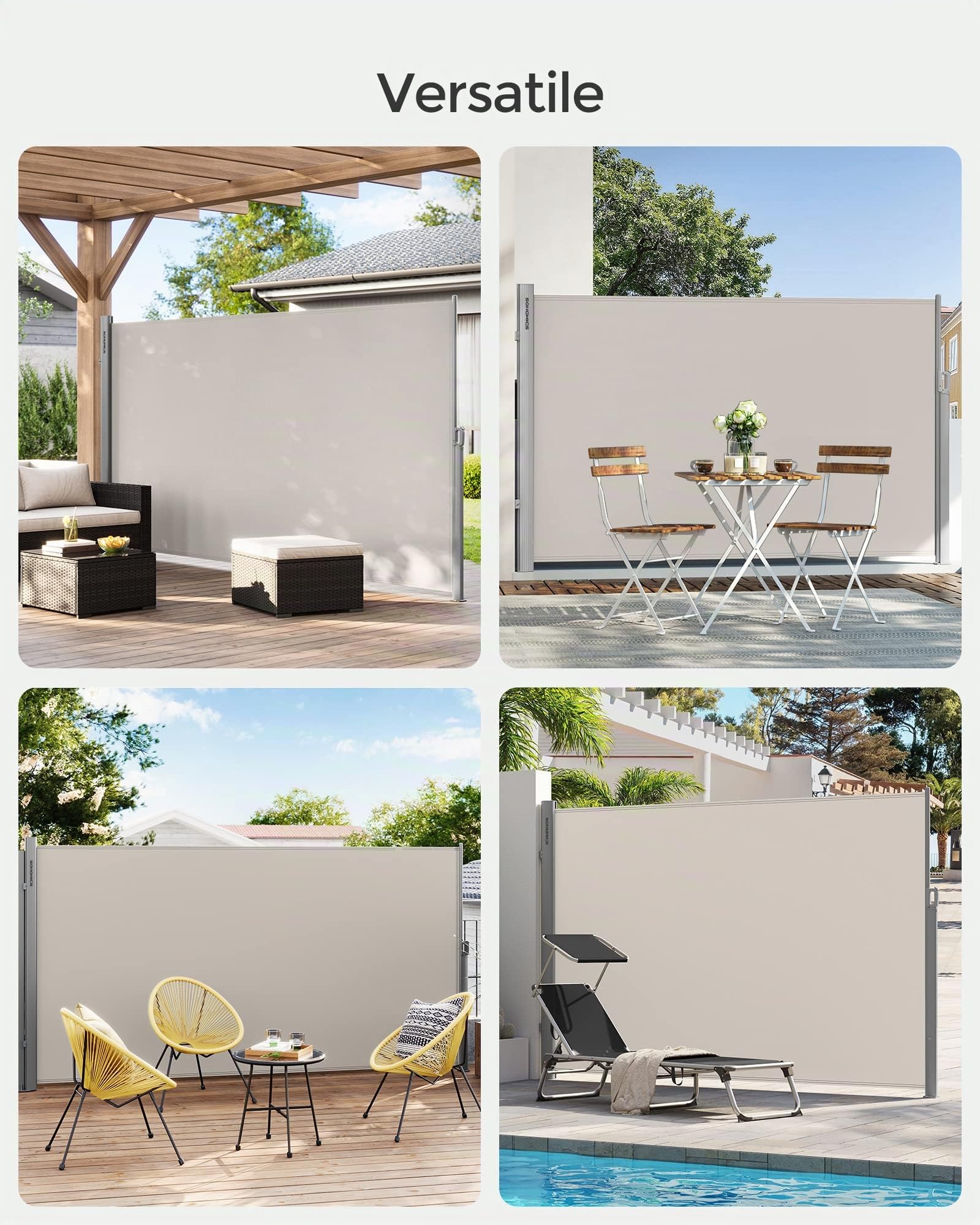 SONGMICS Tenda da Sole Laterale in Lega di Alluminio, Estensibile, 180 x 300 cm, Frangivista, Parasole, Ombreggiante, Tenda da Esterno, Balcone, Terrazzo e Giardino, Beige GSA180E