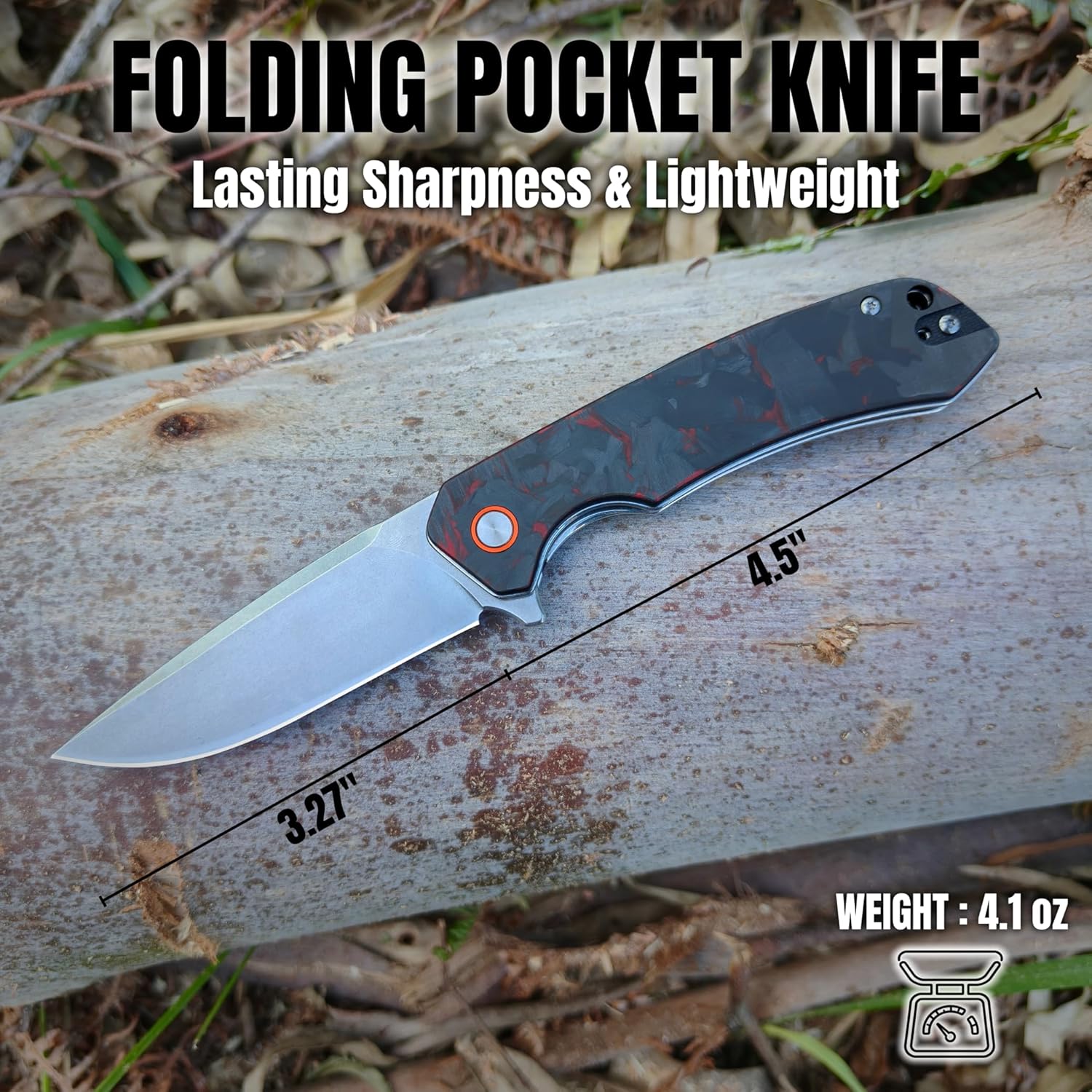 Pocket Folding Knife (EDC) - 3.27" D2 Steel Blade, Carbon Fiber Handle, Stone Washed Finish - With Pocket Clip & Lanyard Hole, Suitable for Men & Women, Ideal for Camping, Survival Adventures, and Hiking (Black & Red)