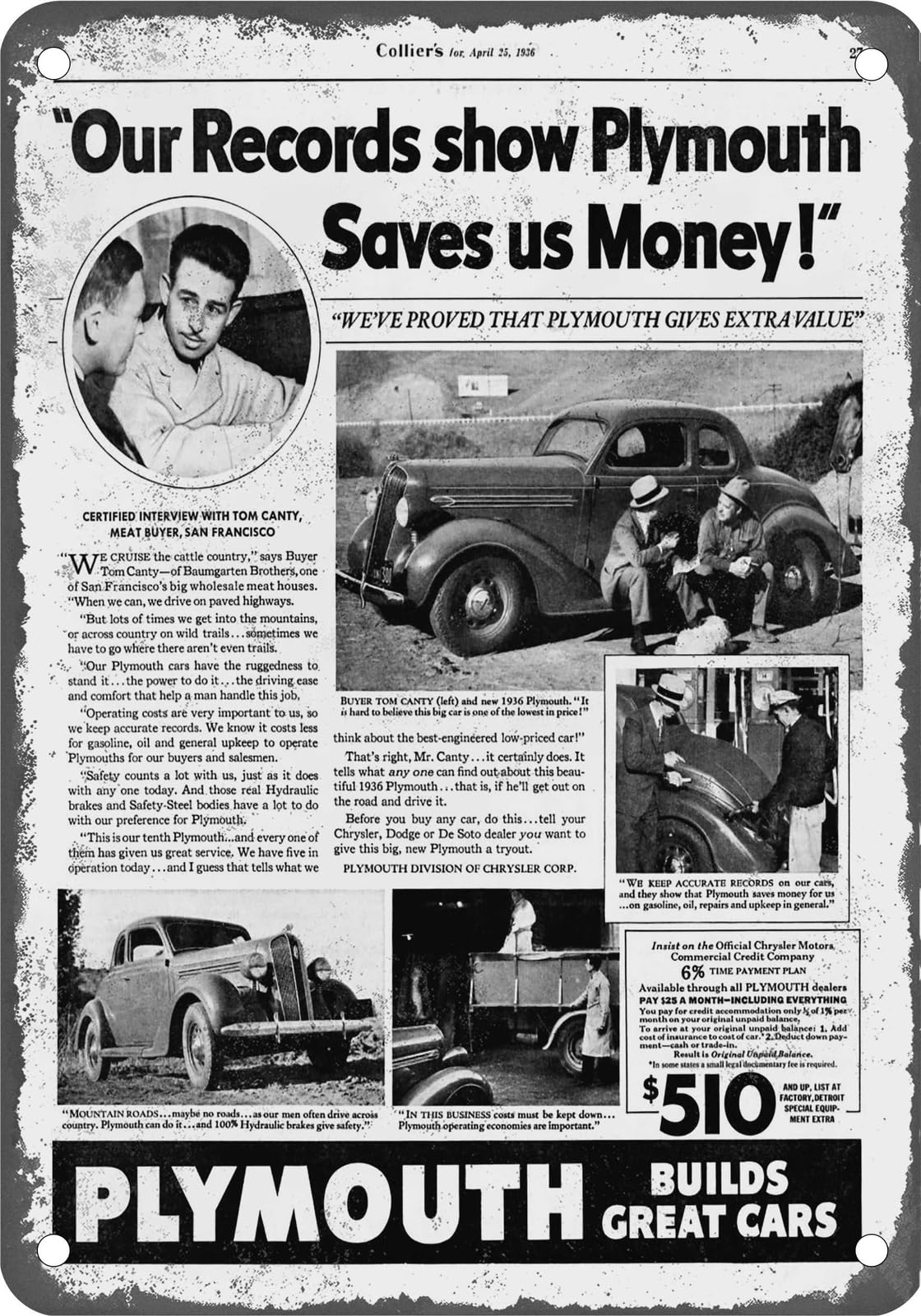Miaomansenstore Metal Sign - 1936 Plymouth Vintage Ad 02 - Old Retro Rusty Look Home Decor