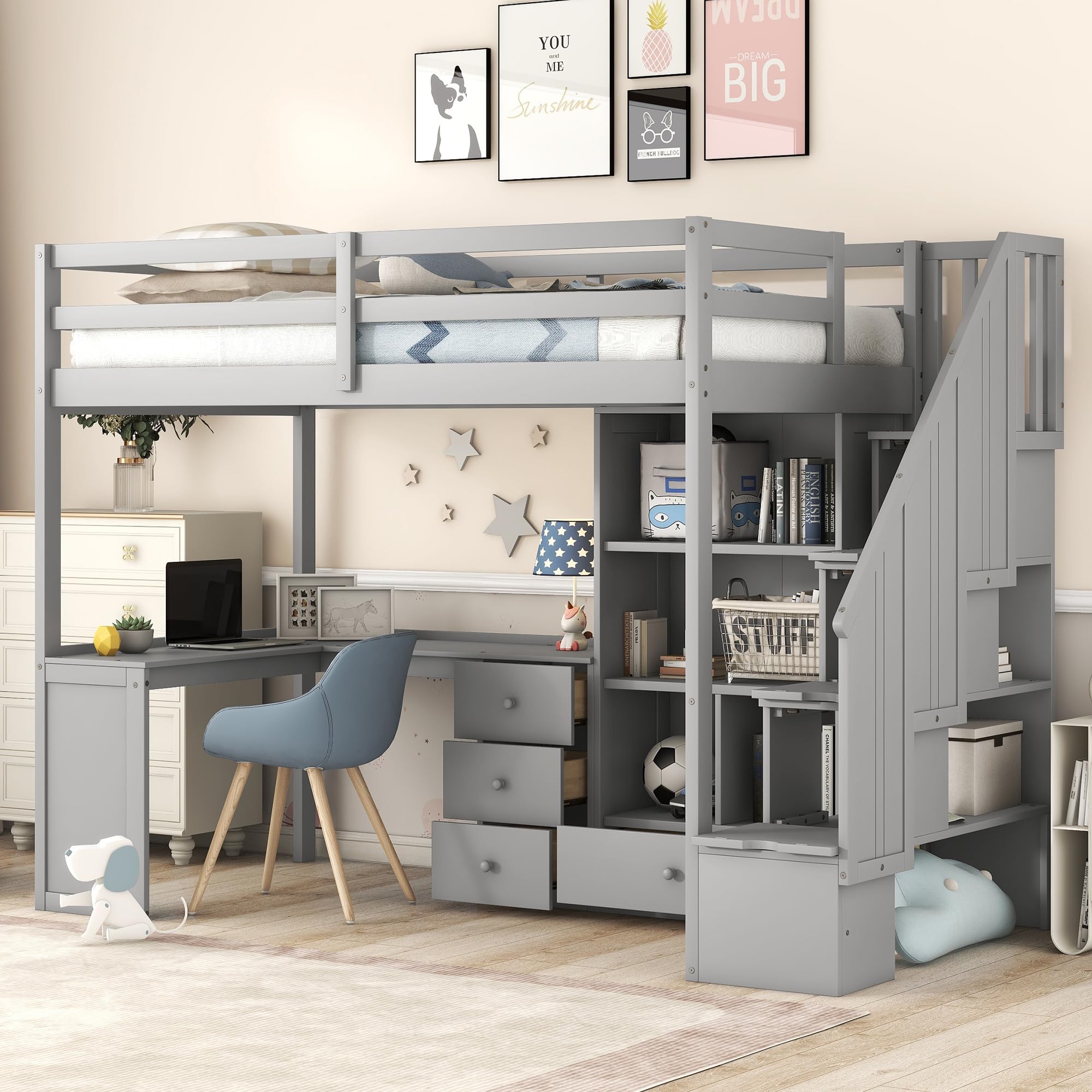 Twin Size Loft Bed with Desk, Wood Loft Bed with Storage Drawers and Cabinet, High Loft Bed Frame with Storage Stairs for Kids Teens Adults, No Box Spring Needed, Grey