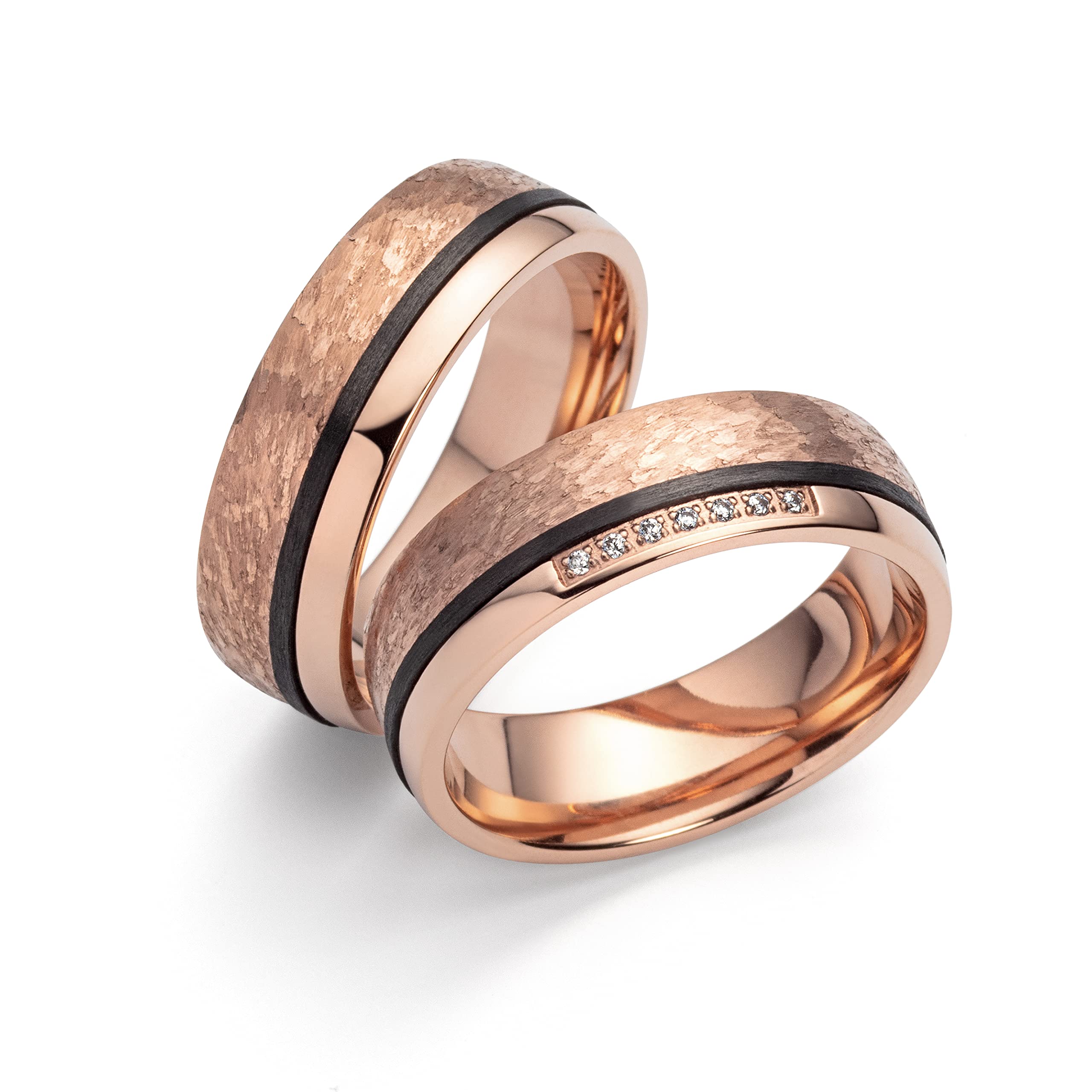 Partnerringe & Eheringe aus Titan Carbon – 7 mm Ringpaar rosé beschichtet mit 7 Zirkonia, Trauringe mit Gravur und Etui | 3910