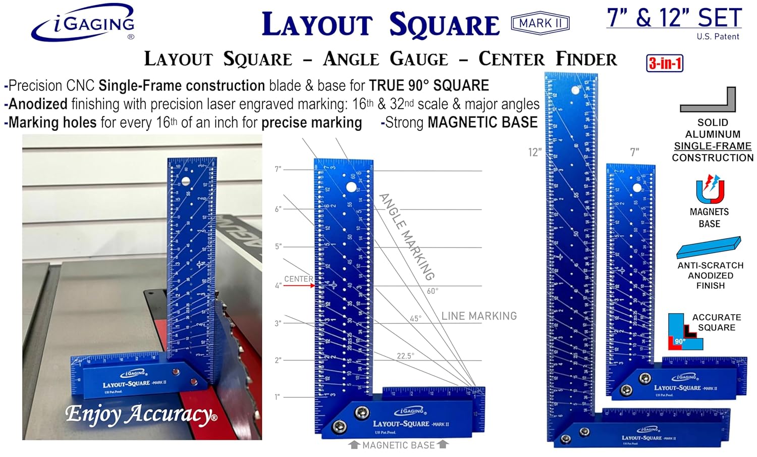 iGaging Layout Square Mark II Set of Two 7" & 12" w/Center Finder Bevel Gauge