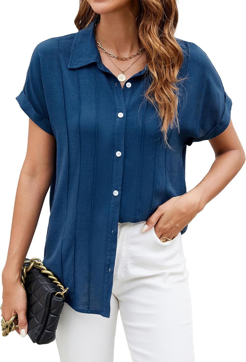 Blooming Jelly Women's Linen Button Down Shirts Business Dressy Casual Tops Short Sleeve Pleated Blouses 2024 Summer Outfits A - Short Sleeve Small Blue