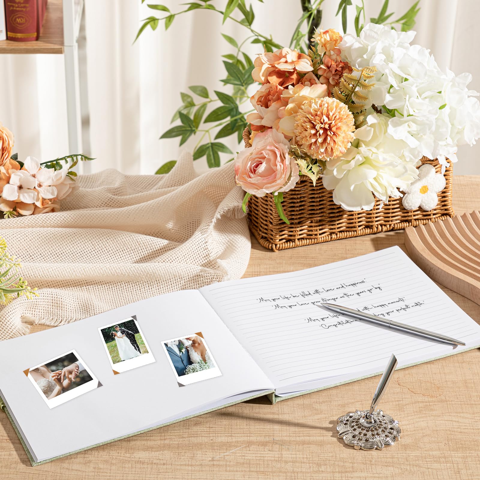Engrowtic Hochzeitsgästebuch Set Elegant Leinen Foto Empfang Gästebuch 100 Seiten mit 2 Acryl Hochzeitsschilder 5 Blatt Fotoecken Aufkleber 1 Set Silber Stift für Braut Baby Shower (Salbeigrün)
