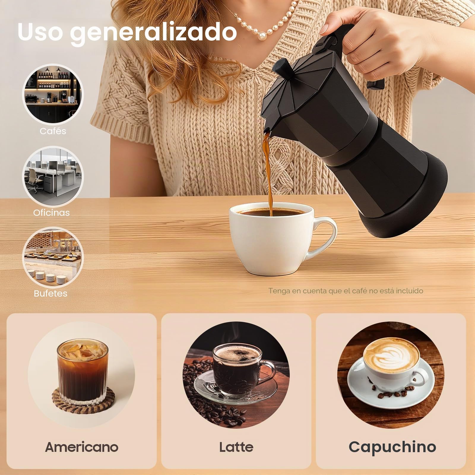 Cafetera eléctrica moka de 480 W, 300 ml, cafetera espresso para 6 tazas, moderna cafetera de aluminio negro para amantes del café