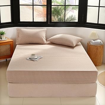 Bed Sheet Set,Soft and Comfortable Solid Color Washed Cotton Fitted Sheet, Suitable for Single Double Bed Mattress Protector,Coffee,59 * 79inch 150x200cm 3pcs